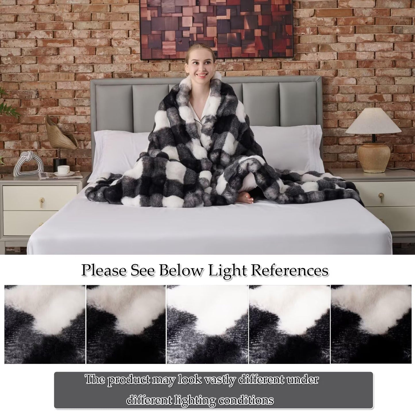 760GSM Faux Rabbit Faux Fur Throw Blanket,Super Thick Warm Bubble Blanket Throw,Fuzzy Luxury Plush Decorative Blanket for Couch Bed Sofa(Checkerboard Print in Black/White,50''x 60'')
