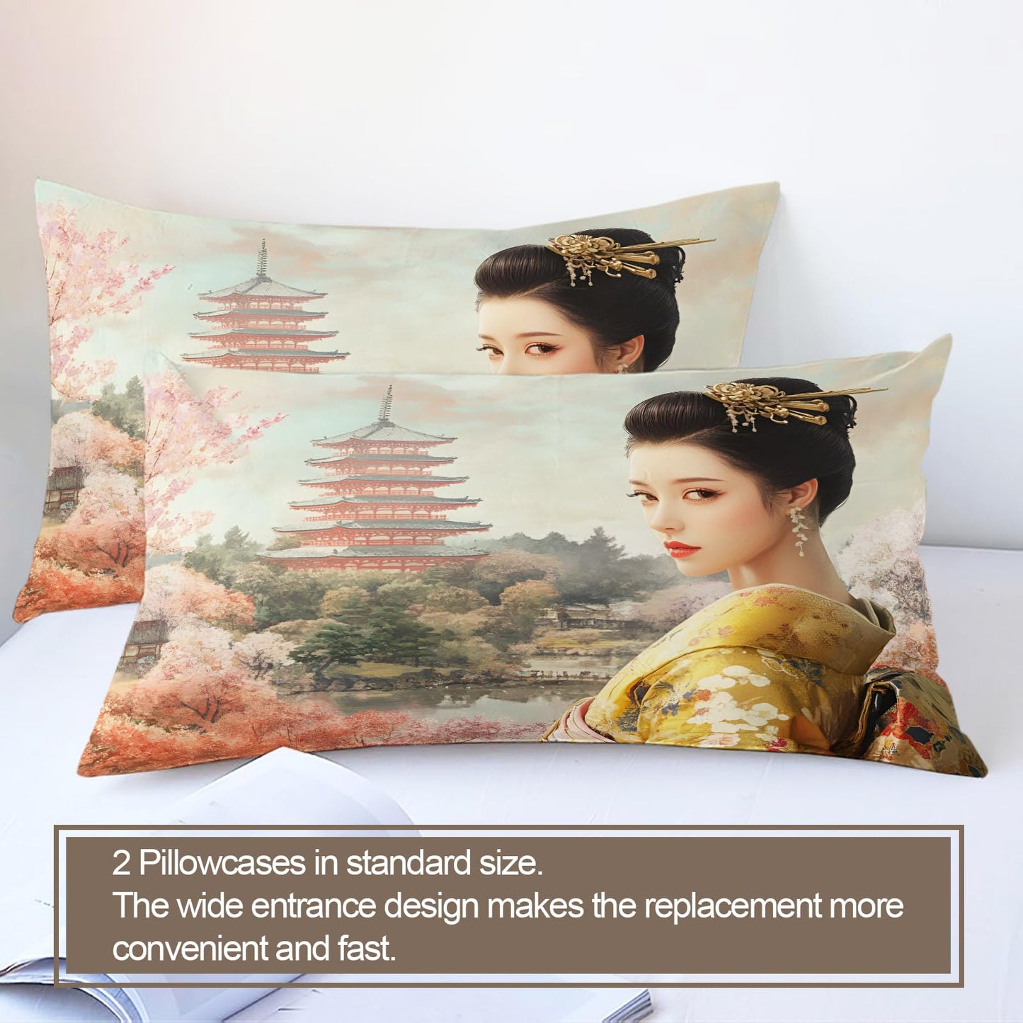 GKPLY Japanese Comforter Set Twin, Oriental Girls Duvet Cover, Asian Painting Bedding Set, 2 Pillowcases, Zipper Closure, Reversible Print Bedding Set & Bedroom Decor