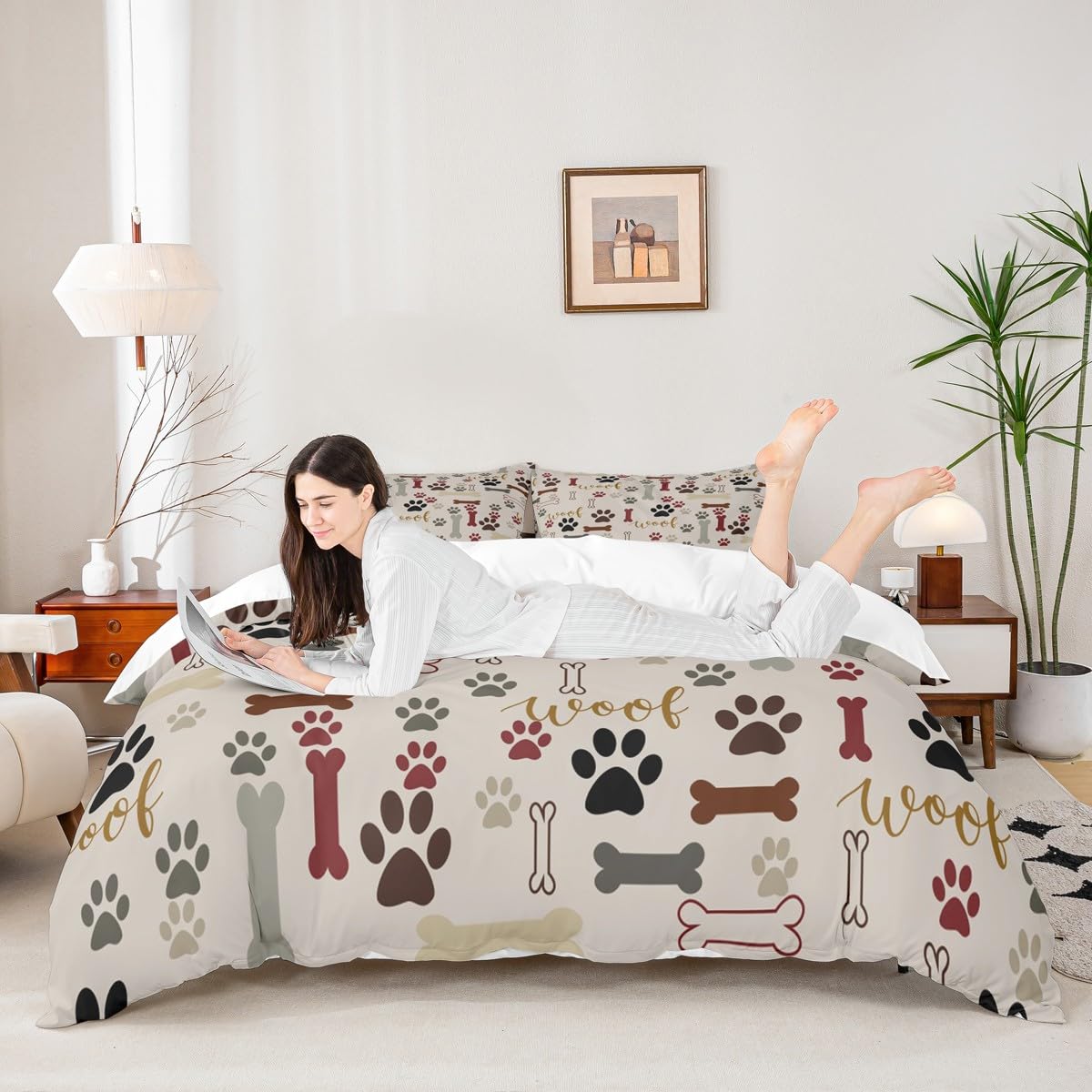 Dog Paw Print Duvet Cover Set King Size,Bone Pattern Bedding Set 3pcs for Kids Teens Girls Boys Room Decor, Pet Animal Comforter Cover Cartoon Quilt Cover with 2 Pillowcases