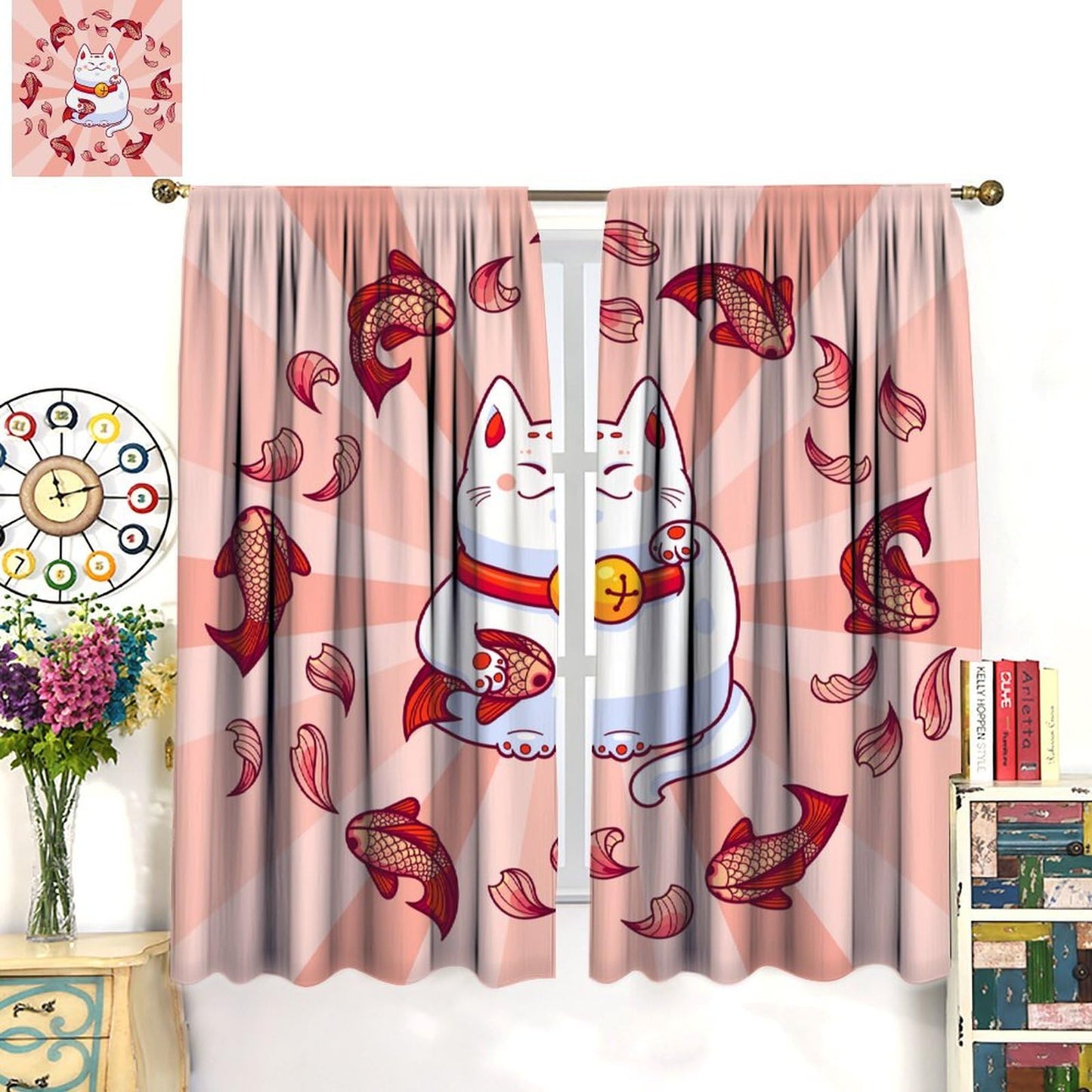 JanJCurt Japanese Noren Curtains, Lucky Cat Kitchen Window Curtain Oriental Style Traditional Red Carp Good Luck Window Treatments for Kitchen Living Room Bedroom, 42x45 Inch (No Blackout)