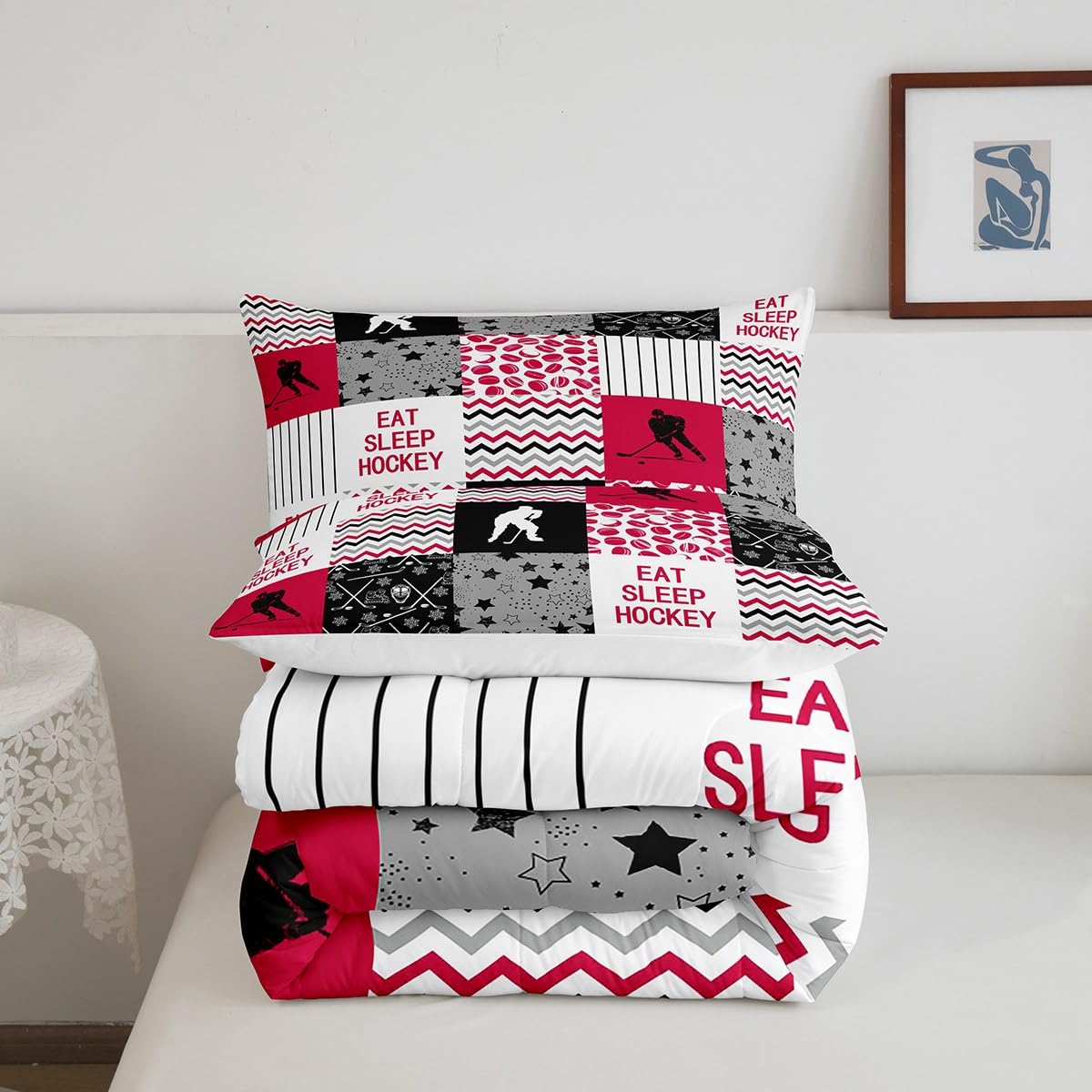 Erosebridal Ice Hockey Down Comforter, Hockey Player Comforter Set Full for Teens Kids Boys Men, Geometric Plaid Grid Bedding Set Sports Games Duvet Sets with 2 Pillow Cases, Black White and Red