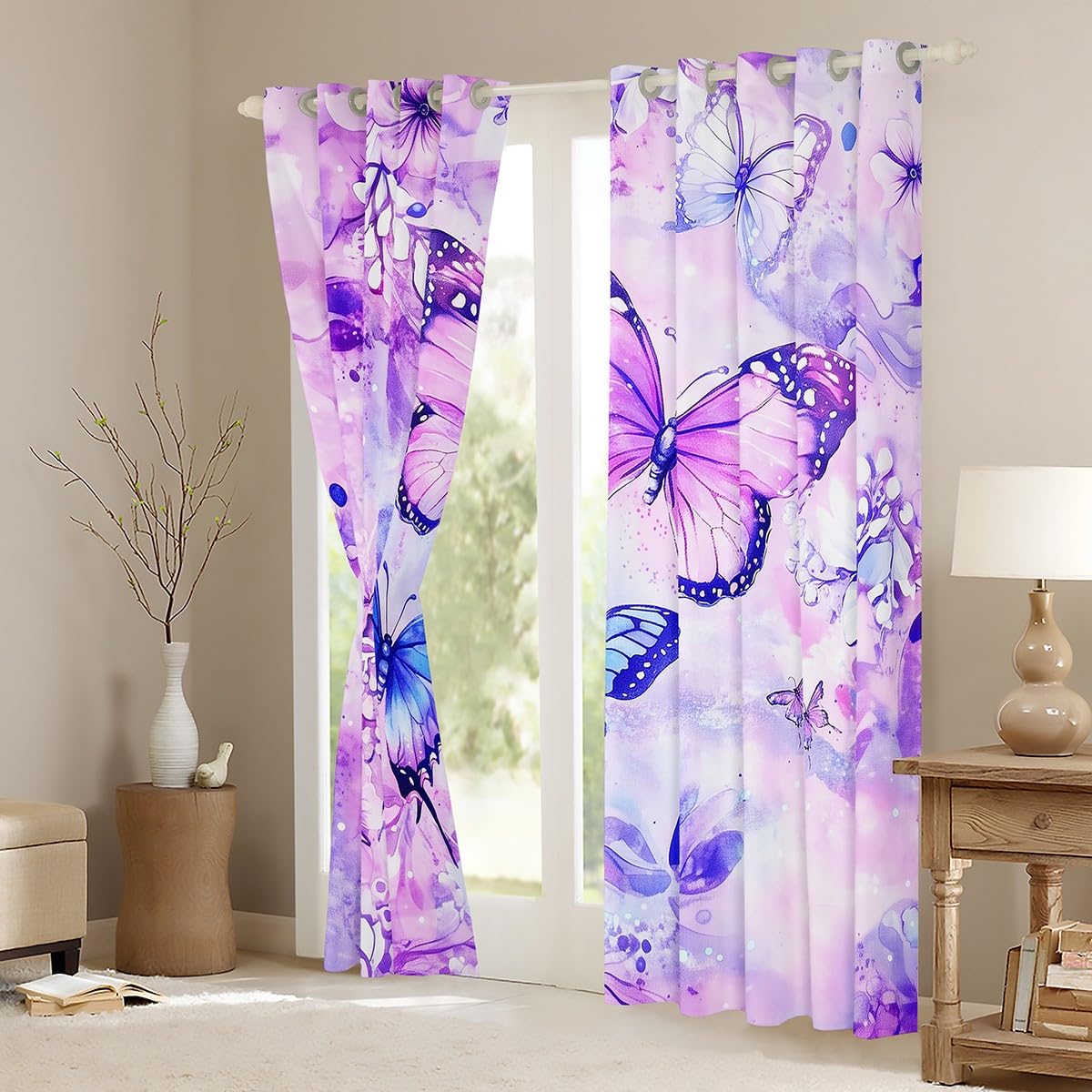 Feelyou Kids Butterfly Curtains,Blue Purple Butterfly Window Curtains for Bedroom Living Room,Floral Flower Butterfly Window Drapes,Girly Fancy Butterfly Blackout Curtains, 42W X 84L,2 Panels