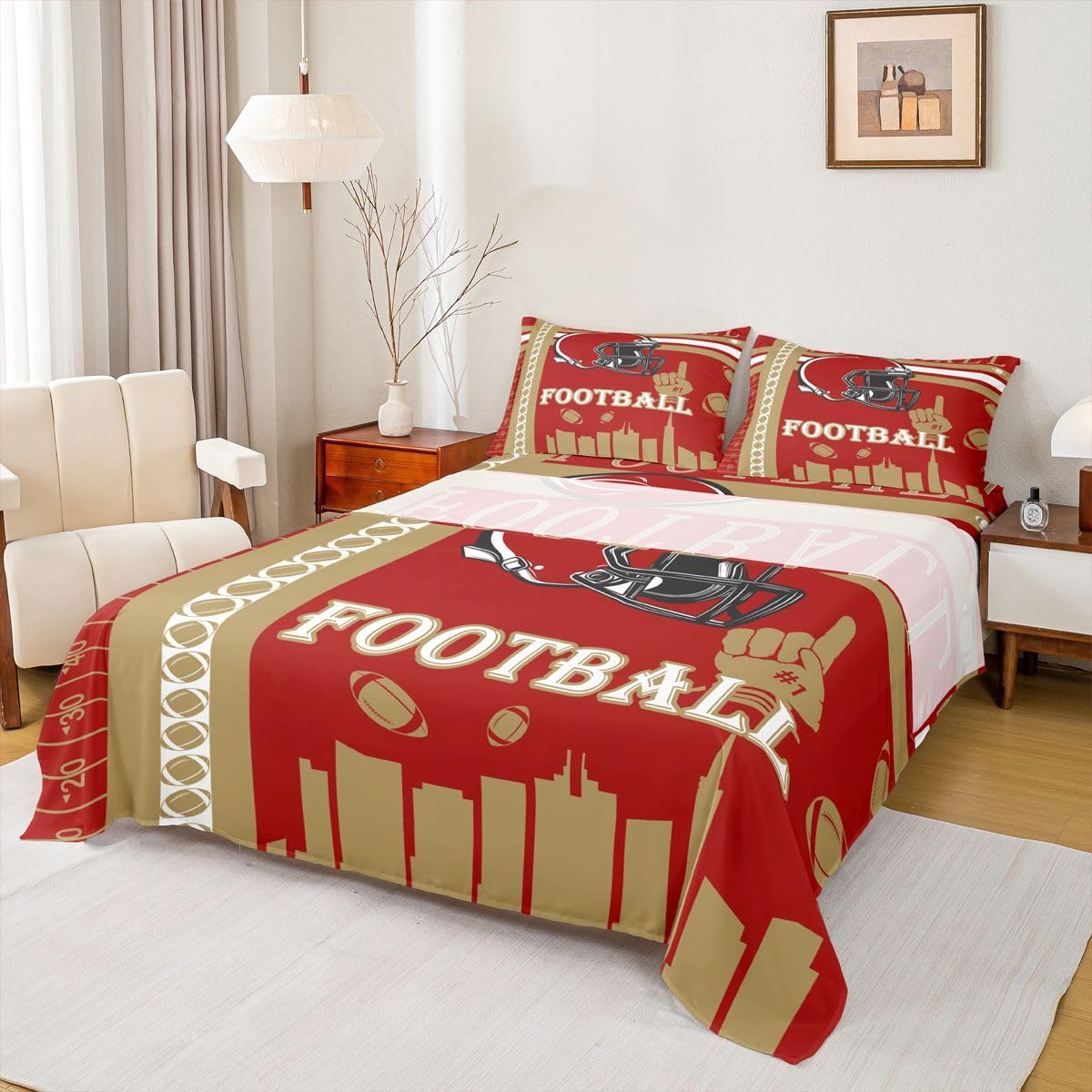 Feelyou Football Bed Sheets Set Boys Girls Twin Size Rugby Sports Bedding Set Football City Fitted Sheet with 16 Inch Deep Pockets
