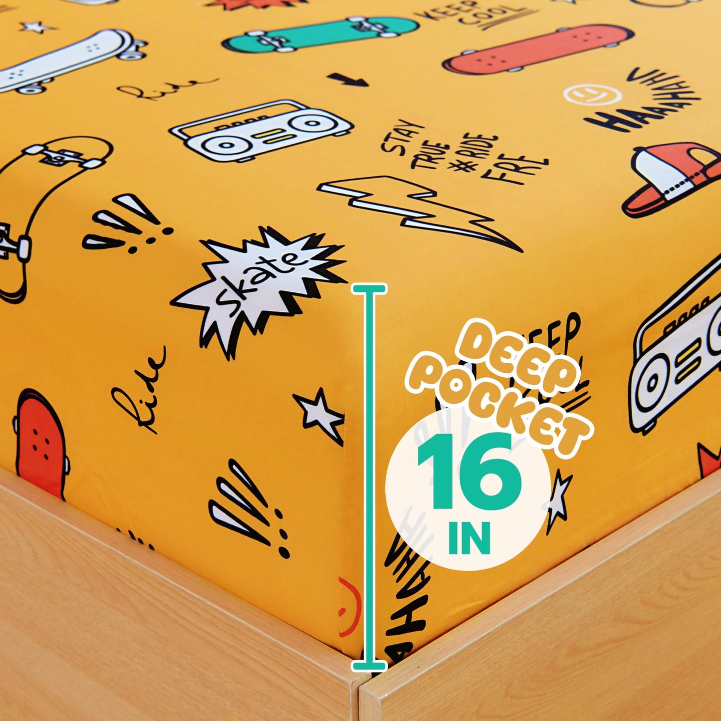 Homilay Full Sheet Set Kids - Skating 4 Pieces Soft Microfiber Cartoon Style Bedsheets for Boys Girls Teens, Oeko TEX Breathable 15 Inch Deep Pocket Sheets(Street)