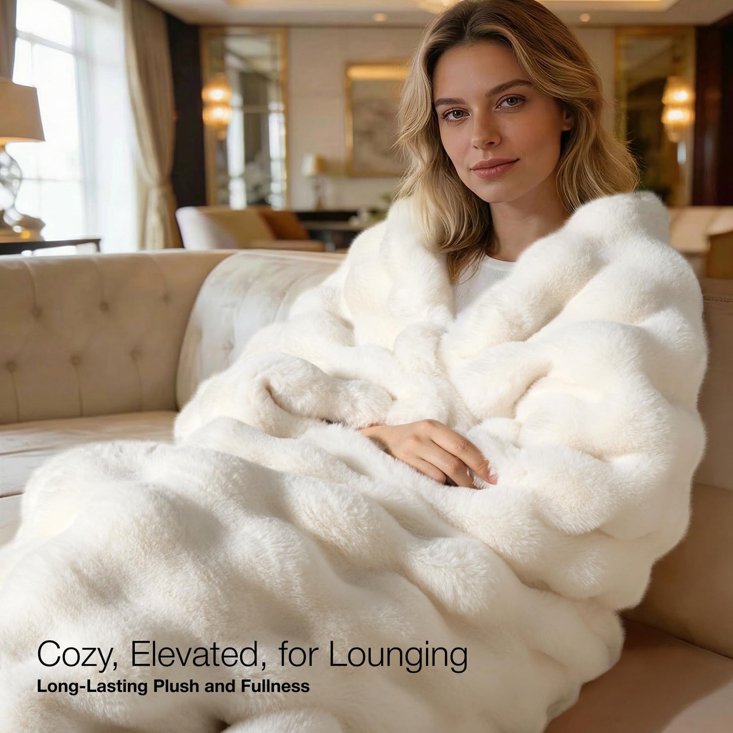 Luxury Ultra Soft Faux Fur Throw Blanket, 50x60 Inches Fluffy Plush Thick Bubble Blanket for Couch and Sofa, Premium Velvet Cozy Lola Fuzzy, 1000 GSM (Cream White)
