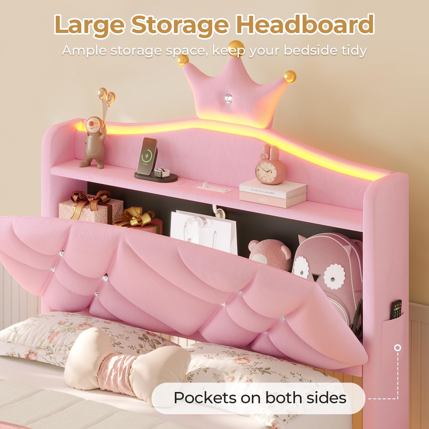 MSmask Twin Bed Frame with LED Lights, Princess Upholstered Bed with Headboard with Charging Station & Crystal Button & Crown, Velvet Platform Bed for Girls, Solid Wood Slats, Curved Legs, Pink