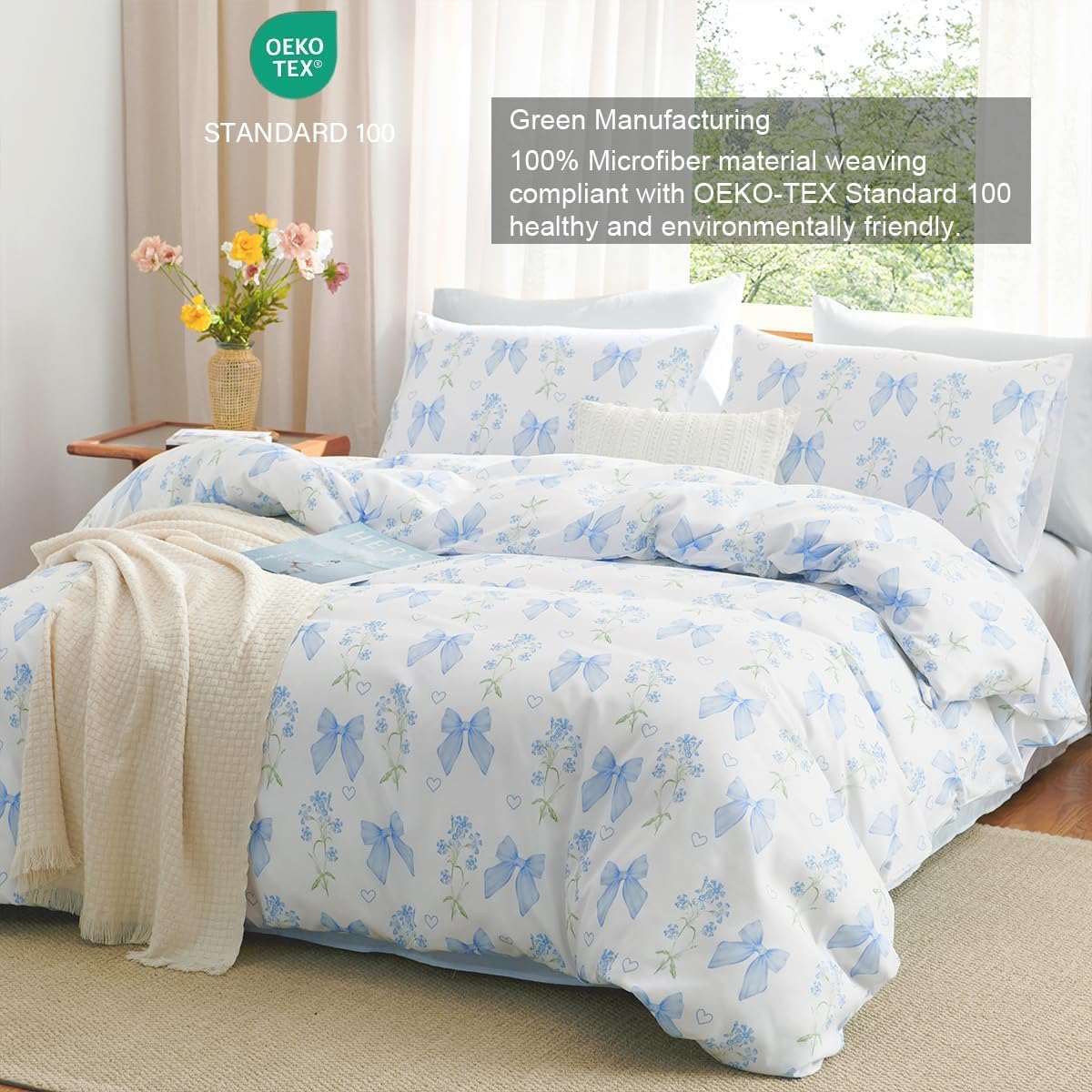 Sedefen Floral Duvet Cover Set Queen Size, 3 Pieces Blue Bow Bedding Set with Cute Heart Pattern, Romantic Spring Botanical Flower Soft Microfiber Duvet Cover for Kids Girls Bedroom & Princess Decor