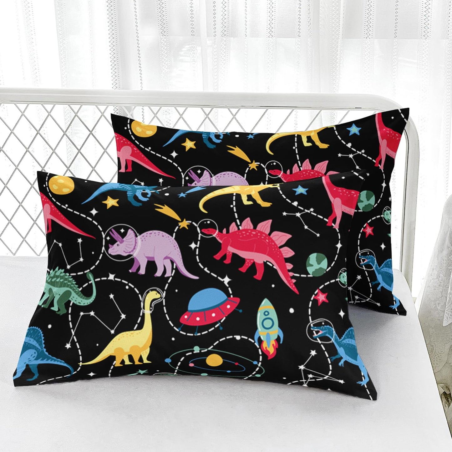 AILONEN Space Dinosaur Fitted Sheet Set Twin Size,Kids Boys Colorful Dinosaur Sheet Set,Galaxy Rocket Fitted Sheet with 2 Pillowcases,3 Pieces Soft Black
