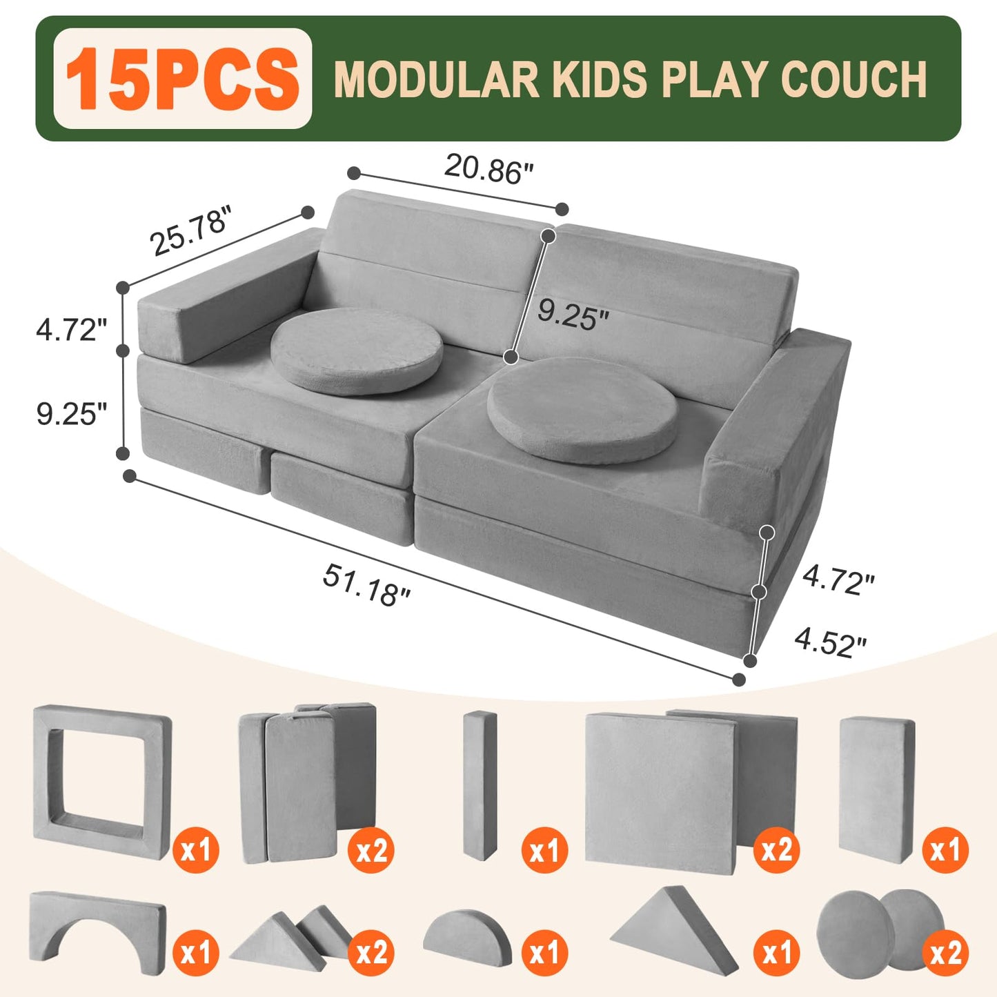 Kids Play Couch 15PCS, Modular Foam Sofa, Convertible Kids Play Set
