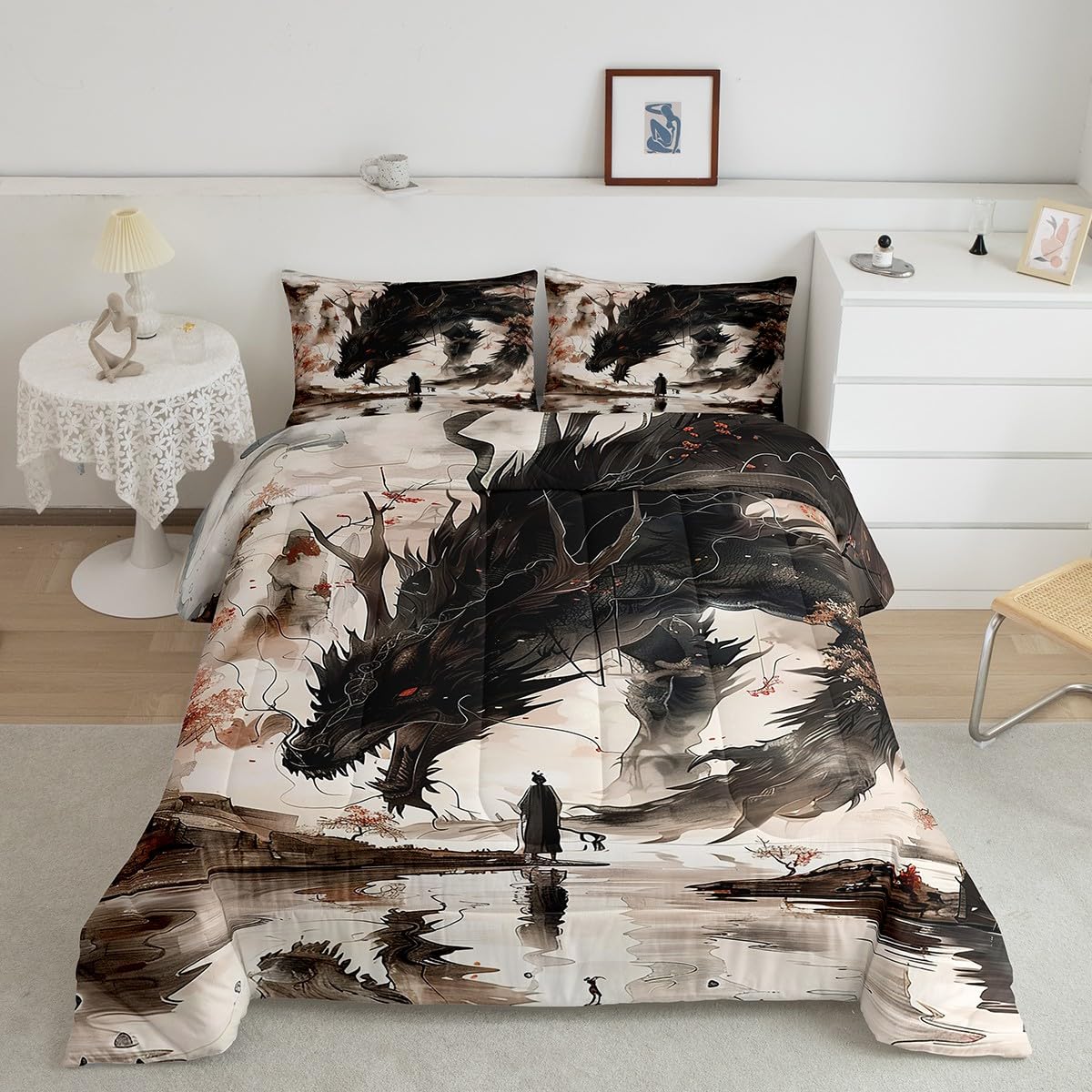Feelyou Dragon Comforter Set King Size Japanese Style Comforter for Boys Girls Teens Samurai Bedding Set Japanese Ukiyoe Duvet Set Room Decor Black Beige Quilt Set