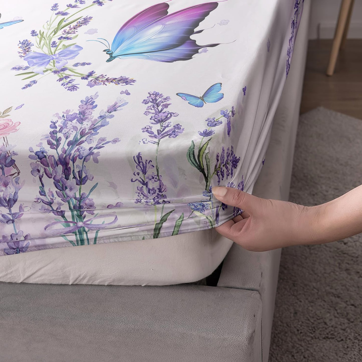 AILONEN Purple Butterfly Fitted Sheet Full Size, Blossoming Lavender Floral Bedding Set- Flying Butterfly Bring Flowers Book Print Bed Sheet 3 Pieces Set, 1 Fitted Sheet and 2 Pillowcases