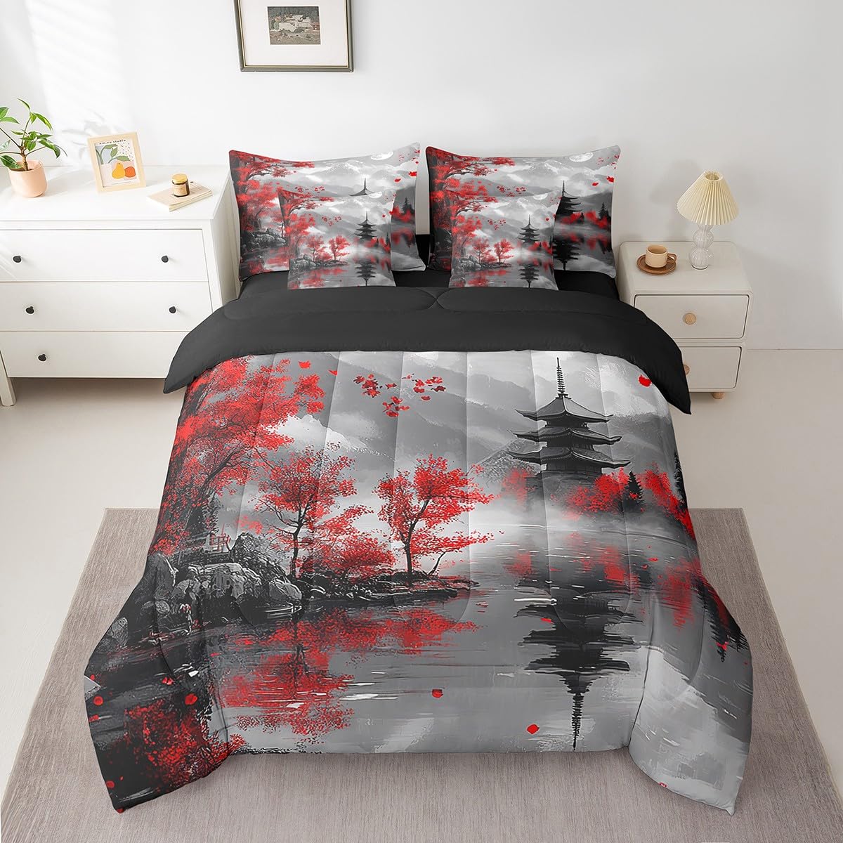 Erosebridal Red Cherry Blossom Queen Comforter Set with Sheets,Japanese Style Bedding Set for Kids Adults,Mountain Scene Bed Set Oriental Aesthetic Bed in a Bag with Fitted+Flat Sheet,Pillowcases