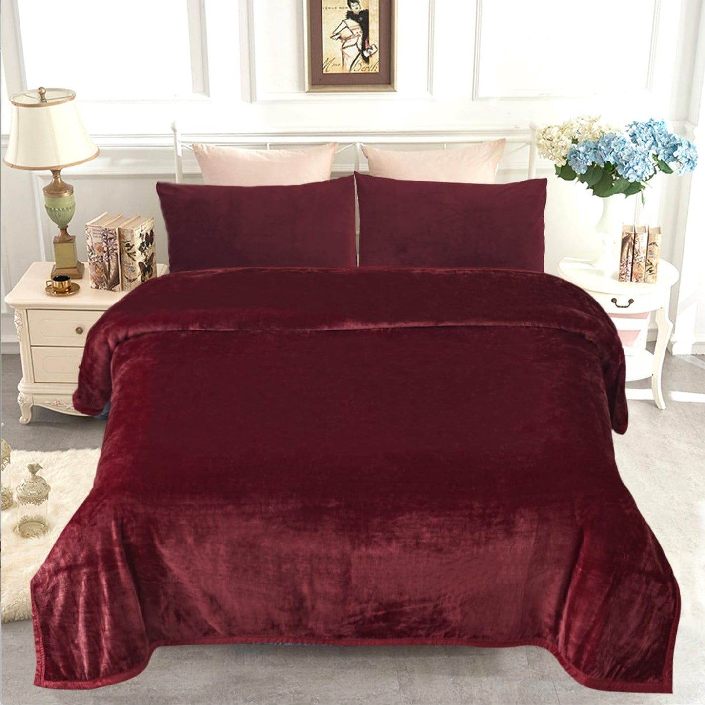 JYK Fleece Plush Blanket - 3.5 LB, 1 Ply Lightweight Korean Style Mink Blanket, Queen 79" x 91" - Super Soft, Warm & Cozy, Microfiber Bed Blanket for All Seasons, Burgundy