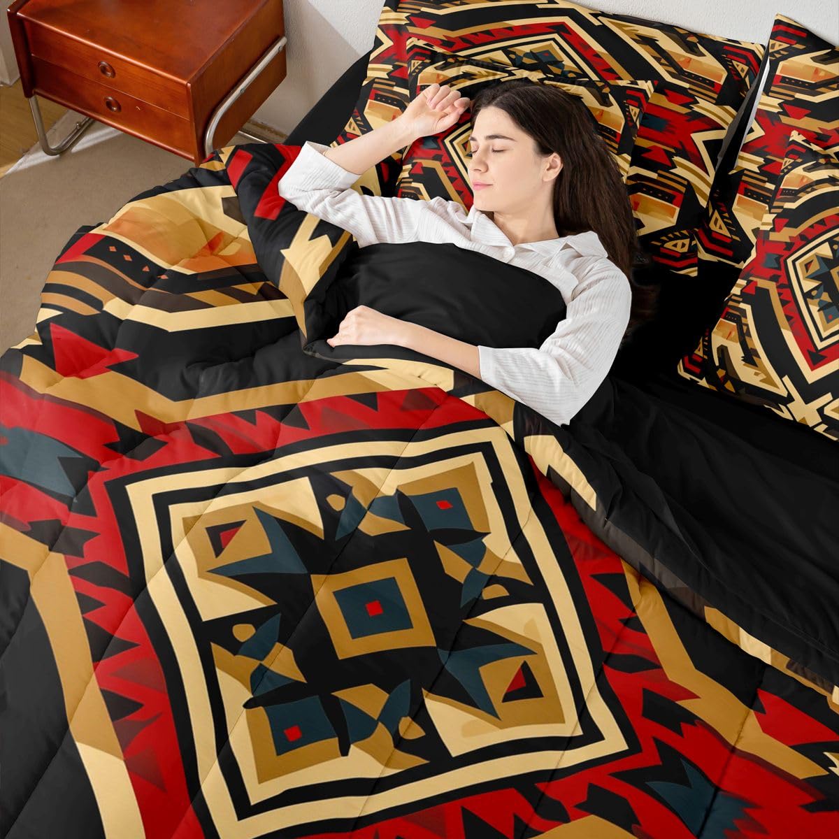 Erosebridal Aztec 7 Piece Bedding Set Queen Tribal Comforter Set with Sheets Native American Boho Southwestern Bed in a Bag Geometric Western Rustic for Teens Men Women