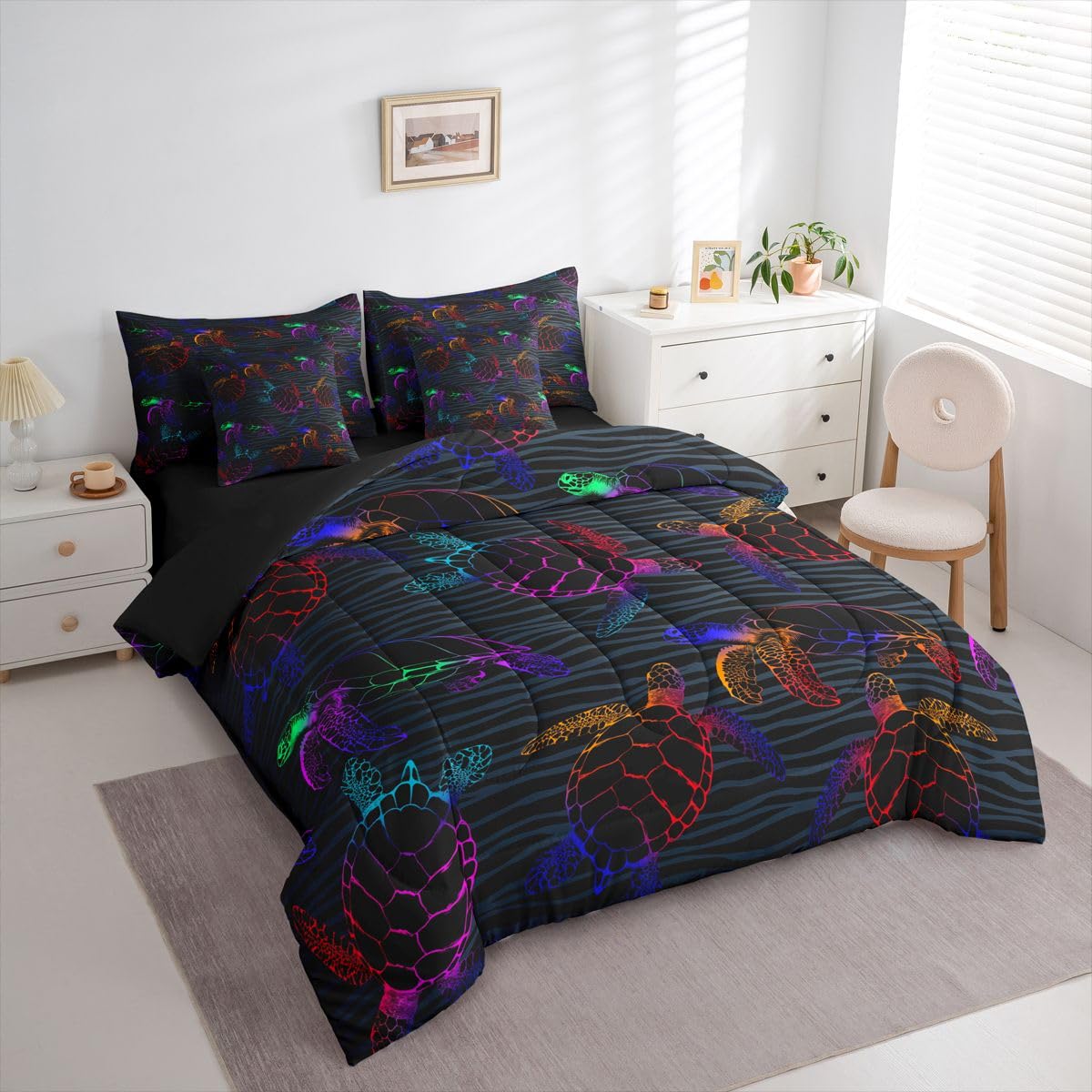 Erosebridal Sea Turtle Queen Size Comforter Set, Ocean Animal 7-Piece Bed in A Bag, Tortoise Sheets and Pillowcases, Gradient Wildlife Coastal Beach Bedding Set Room Decor