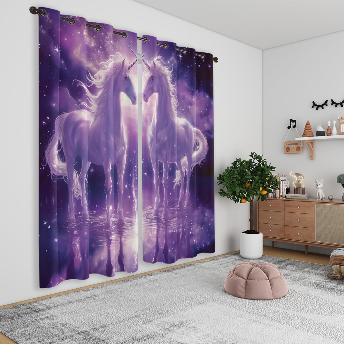 Starry Sky Unicorn Blackout Curtains for Girls Boys Kids Teens Home Decor, Pink Fantasy Stars Galaxy Grommet Thermal Insulated Drapes Darkening Window Curtain for Bedroom Living Room, 42 x 45 Inch