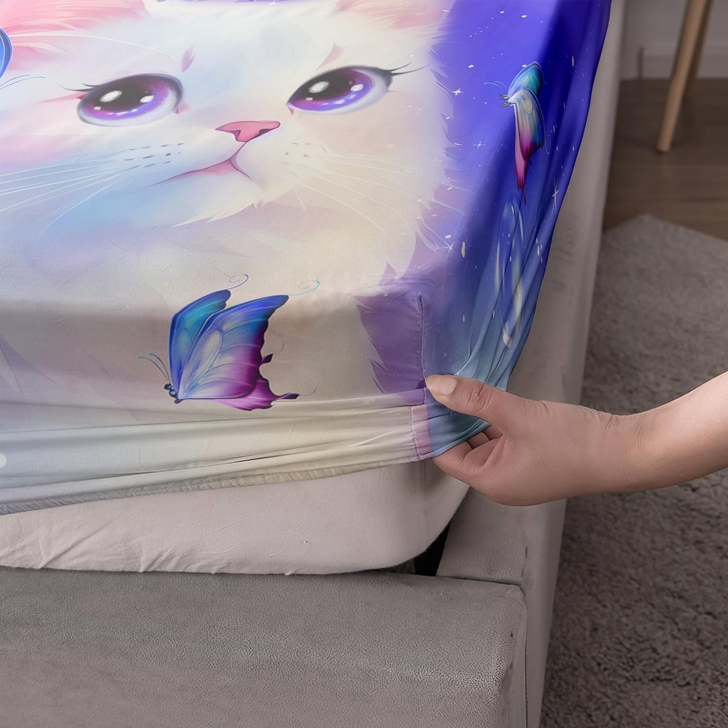 AILONEN Furry Cat Bed Sheet Twin Size, Cat & Butterflies Sheets for Kids Girls Animals Theme Dreamy Purple Bedding Set 3 Pieces Set, 1 Fitted Sheet and 2 Pillowcases
