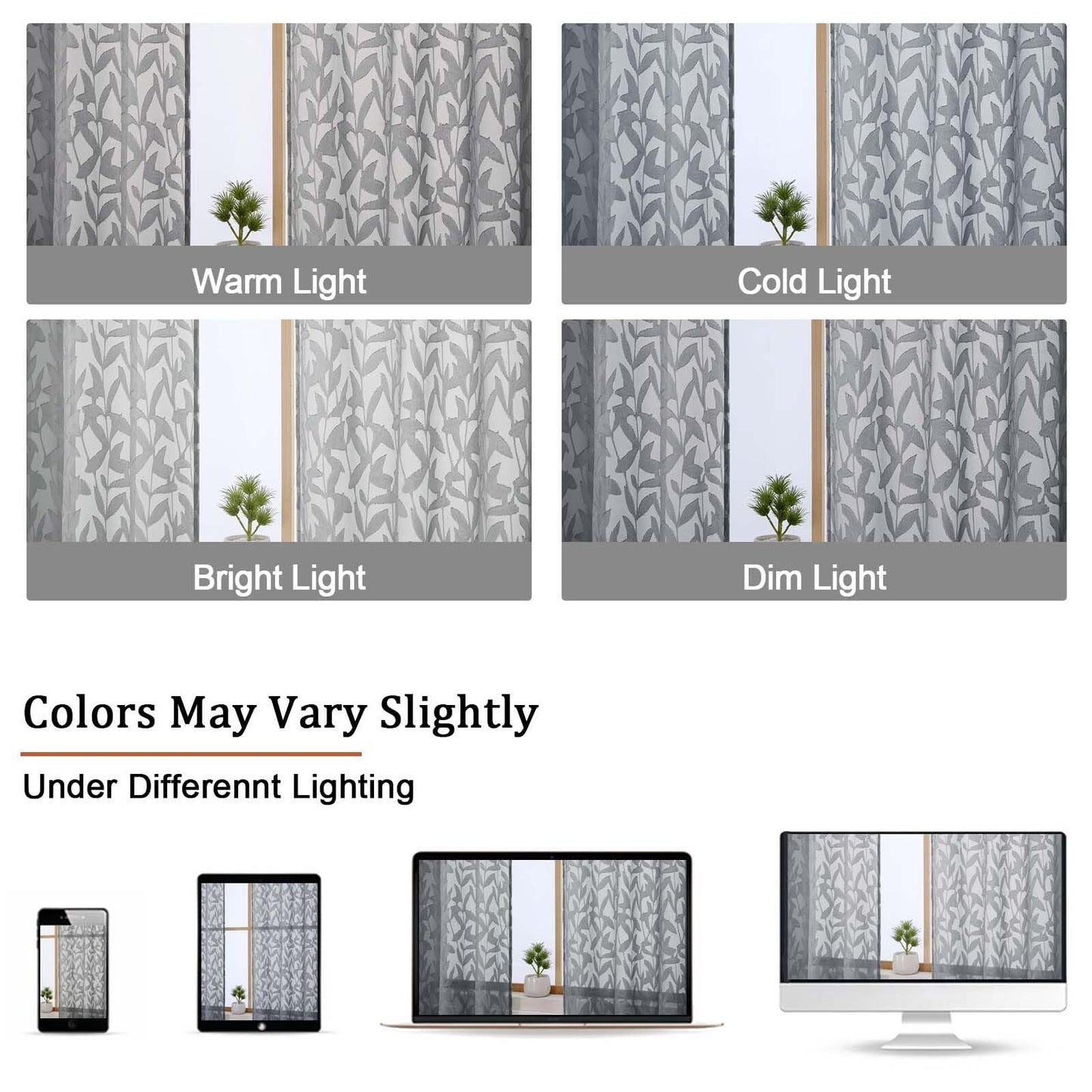OWENIE Leyna Charcoal Gray Sheer Curtains 84 Inches Long for Living Room Bedroom 2 Panels Set, Modern Clip Jacquard Leaves Textured Light Filtering Curtains, Double Rod Pockets Drapes, 40Wx84L Inch