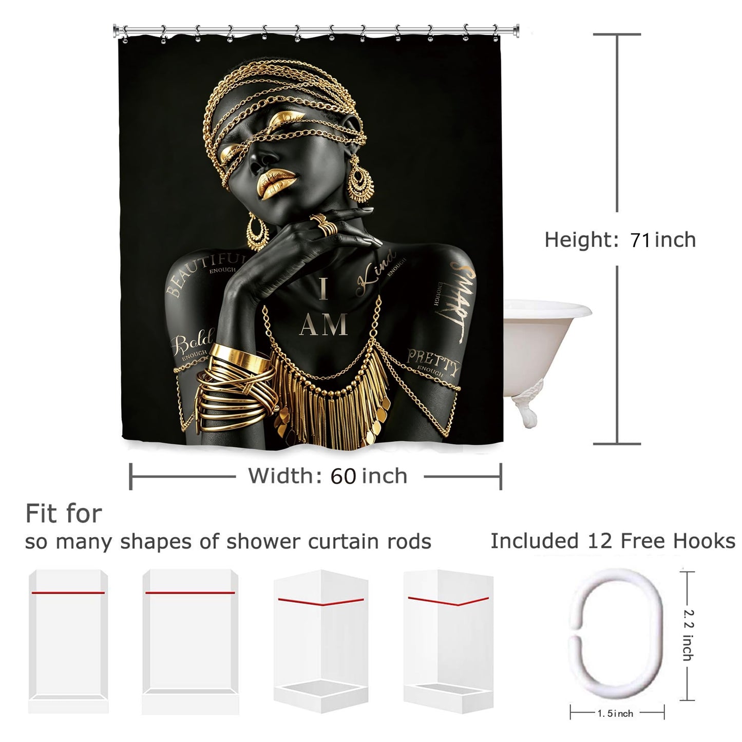 Yookeb African American Flower Bathroom Shower Curtain 60W by 71H Inch Black Gold Girl Woman Sexy Quotes Inspirational Motivational Positive Polyester Fabric 12 Hooks Waterproof Decor