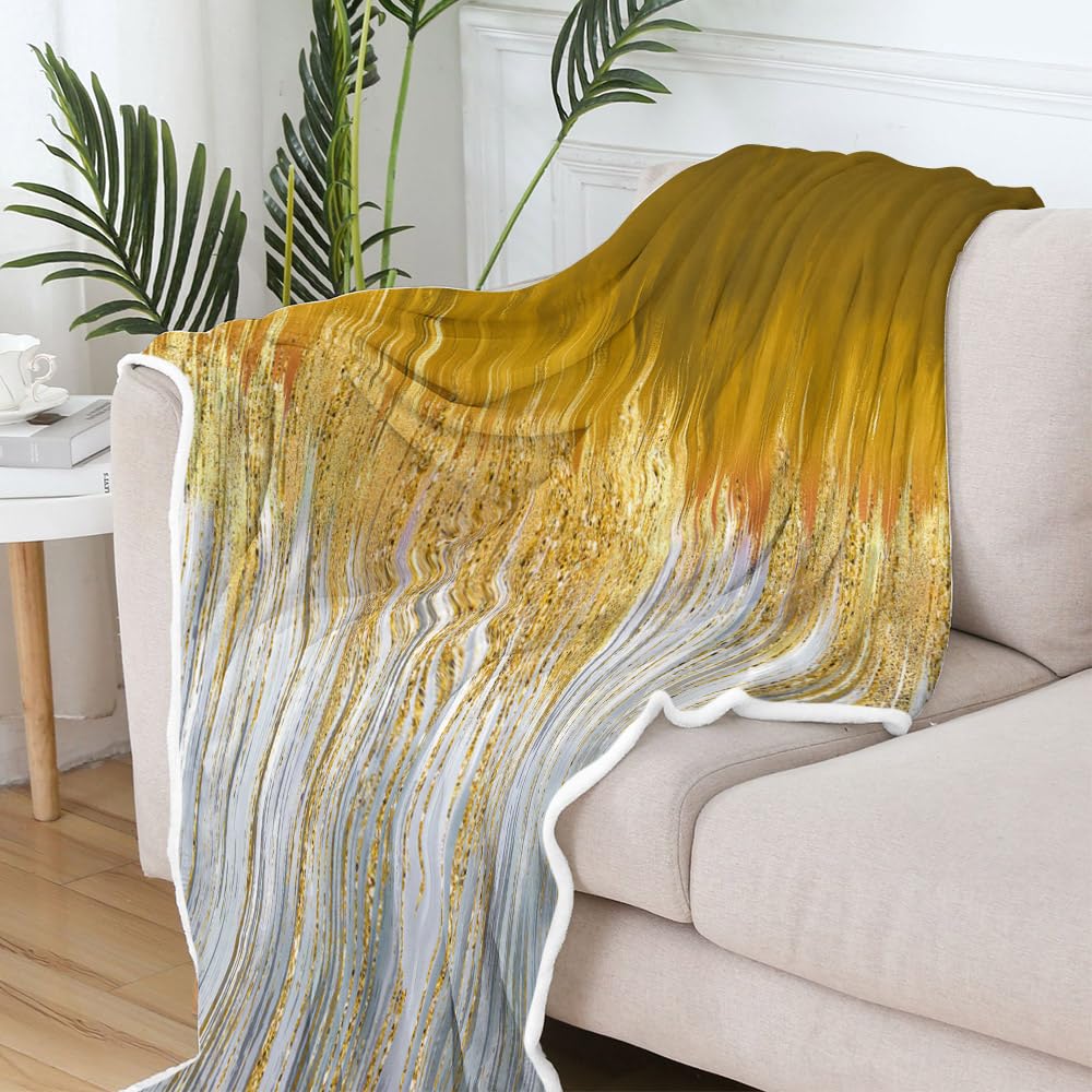 JAWO Golden Fleece Throw Blanket - Gold Yellow Abstract Stripes Sherpa for Boys Teens Decor - Geometric Plush Dark Emerald Modern Fuzzy for Home Sofas Couches Beds 50x60