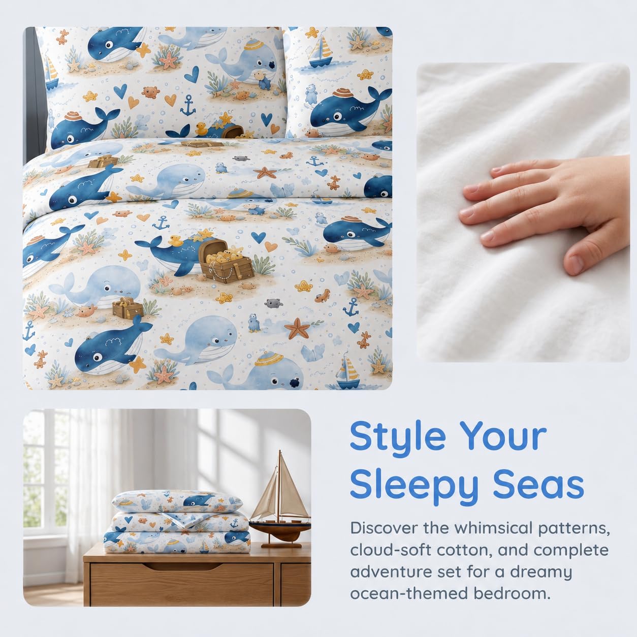 YIYEA 100% Cotton Kids Sheets, Ultra Soft Cozy Cute Bed Sheets Set for Girls, Boys, Teens, 16" Deep Pocket, 3PC, Twin
