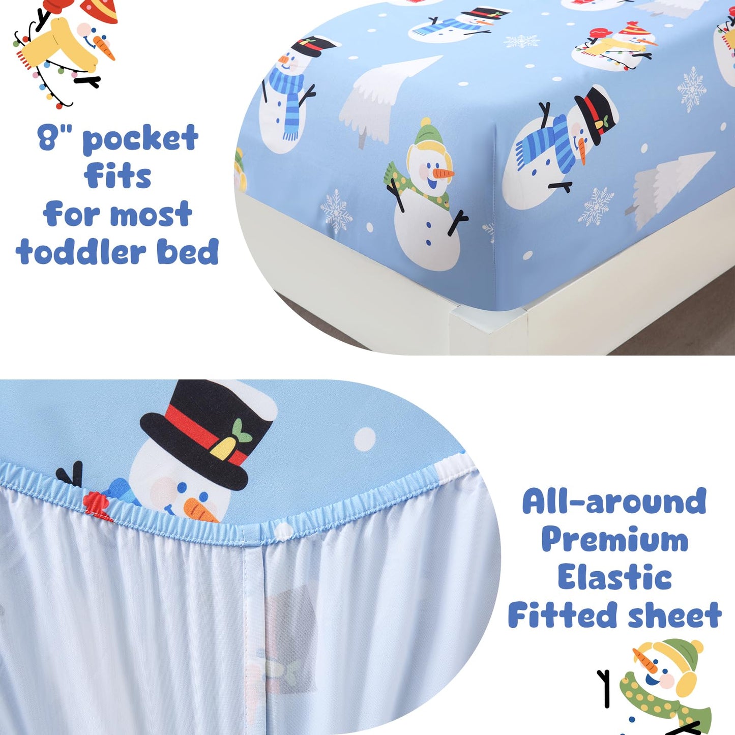 LONAVA Winter Toddler Kids Comforter Set - 4 Pieces Toddler Bedding Sets for Boys Girls Children, Ultra Soft Microfiber Bed in A Bag with Flat Fitted Sheets, Snowman
