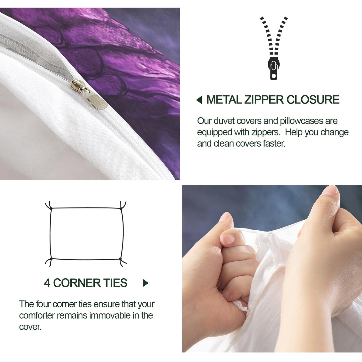 PAISUOQ Duvet Cover Queen Size - Fantasy Dragon Bedding & Home Decor, Mysterious Animals Comforter Cover with 2 Pillow Shams & Zipper, Microfiber & Easy Care, Purple Green Dragon Gifts