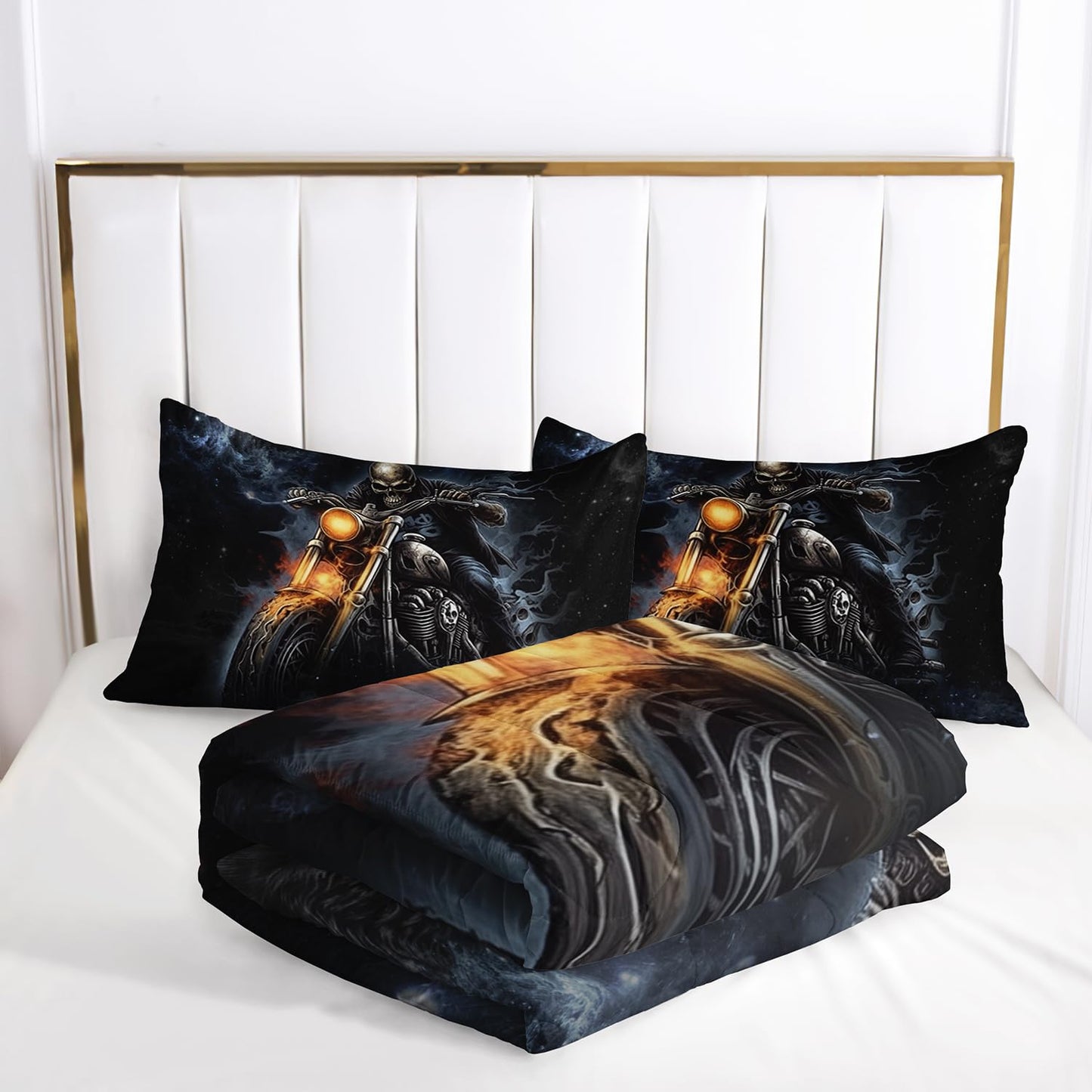 AILONEN Boys Skull Queen Size Comforter Set, Motor Rider Skeleton Bone Bedding Set Howling Wolf Comforter Set,3 Pieces Galaxy Starry Skull Soft Comforter Set, 1 Quilt and 2 Pillowcases