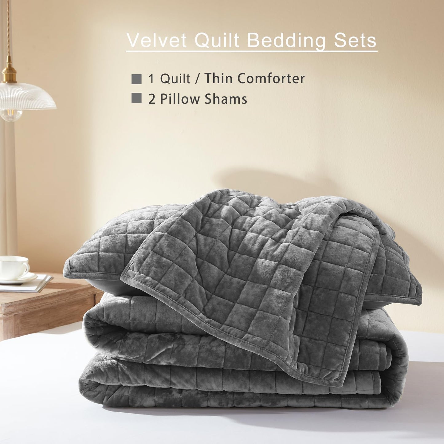 LEAONME Velvet Quilt California King-118''x106'', Lightweight Grey Velvet Comforter Set with 2 Pillow Shams, Soft Oversized Bedspread Coverlet Quilted Bedding Set for All Season