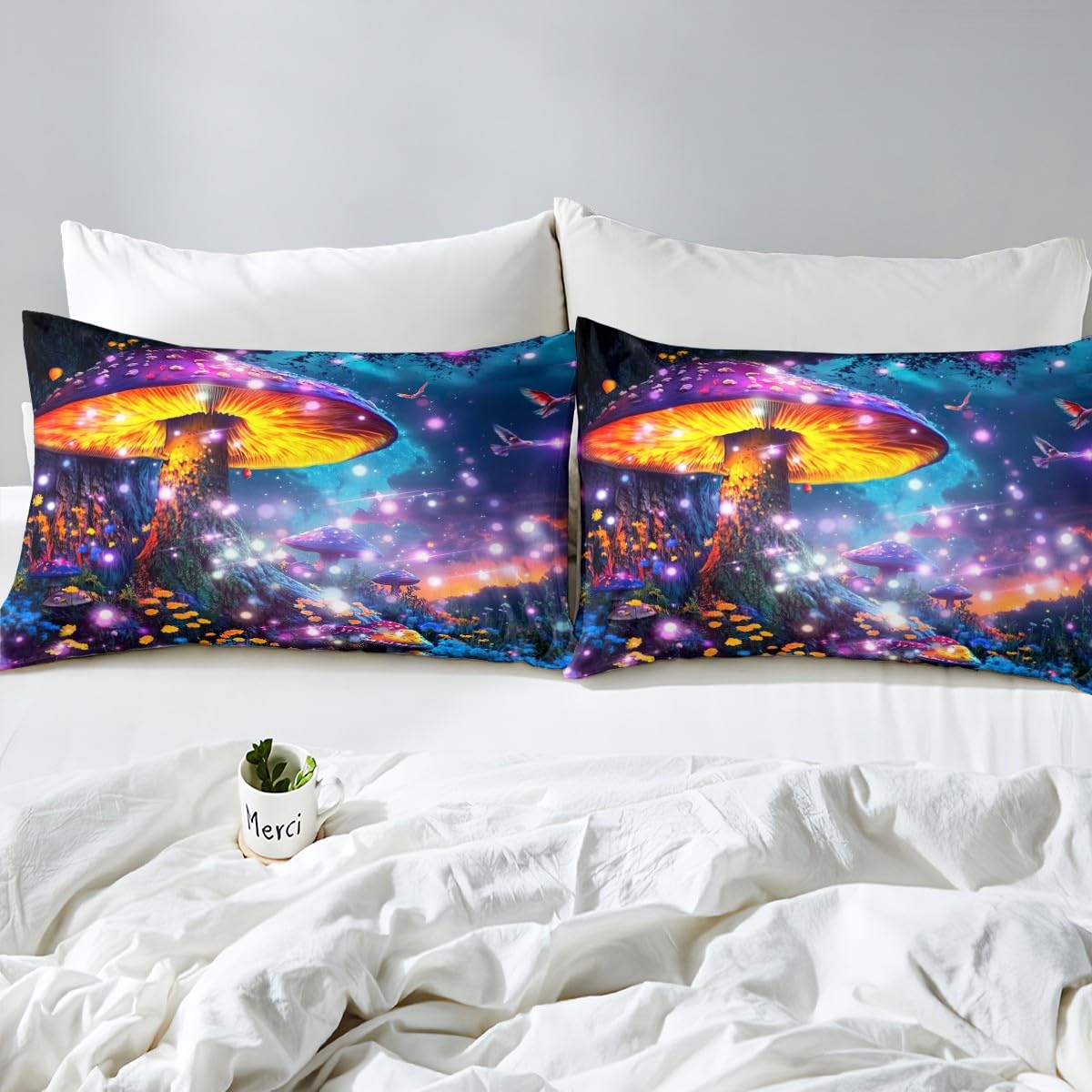 Feelyou Cute Mushroom Decor Bed Sheets Set Dreamy Mushrooms Sheet Set for Kids Boys Girls Teens Colourful Fungus Sheets with Deep Pocket Fitted Sheet Queen Size Wild Mushroom Stuff Bedding Set 4Pcs