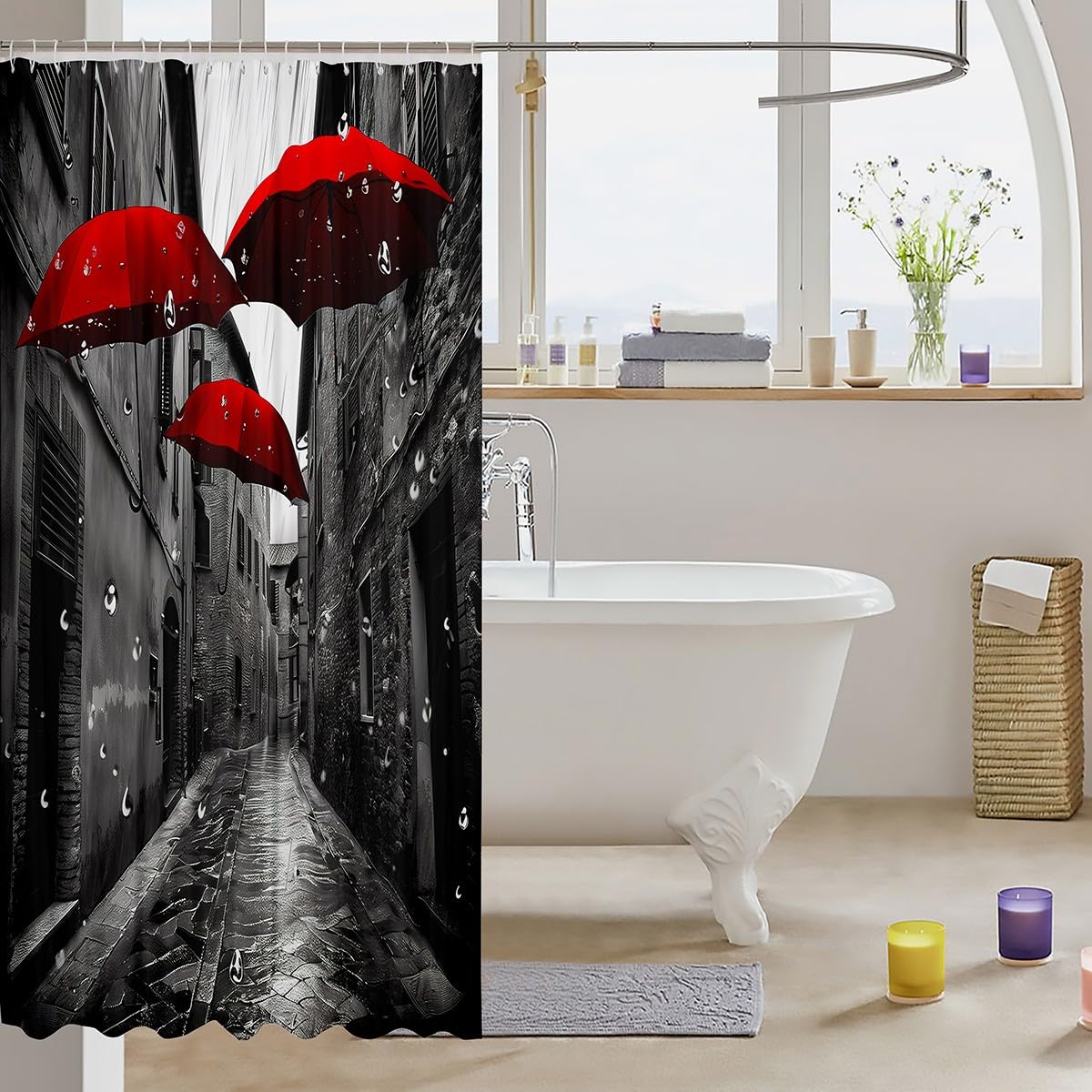 Red Umbrella Shower Curtain Black and White Bath Curtains European French City Landscape Fabric Bathroom Decor Romantic Modern Paris Art Creative Bathtub Curtain,Hotel Machine Washable,72Wx72L