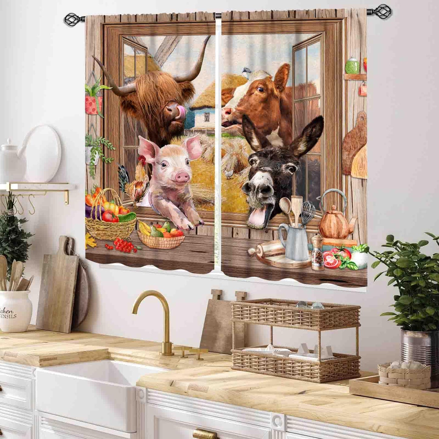 Farmhouse Kitchen Curtains, Rustic Farm Animals Rooster Sheep Donkey Highland Cow Polk Pig Rural Village Country Autumn Fall Window Treatments Drapery for Bedroom Living Room Bathroom, 55x39 Inch