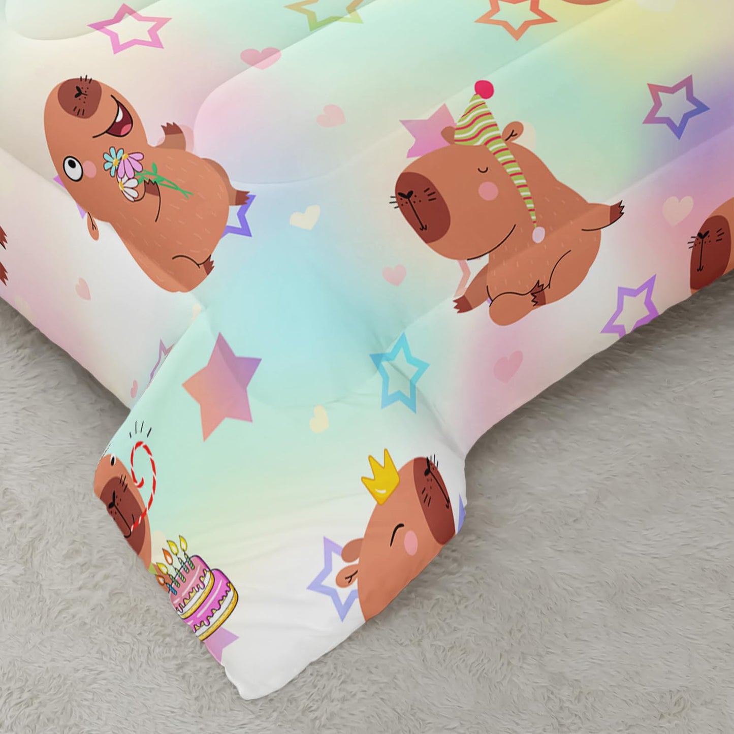 AILONEN Kawaii Capybara Comforter Set Queen Size,Cute Cartoon Capybara Rainbow Bedding Set for Girls Kids,Lovely Animal Star Quilt & 2 Pillowcases-3 Pieces