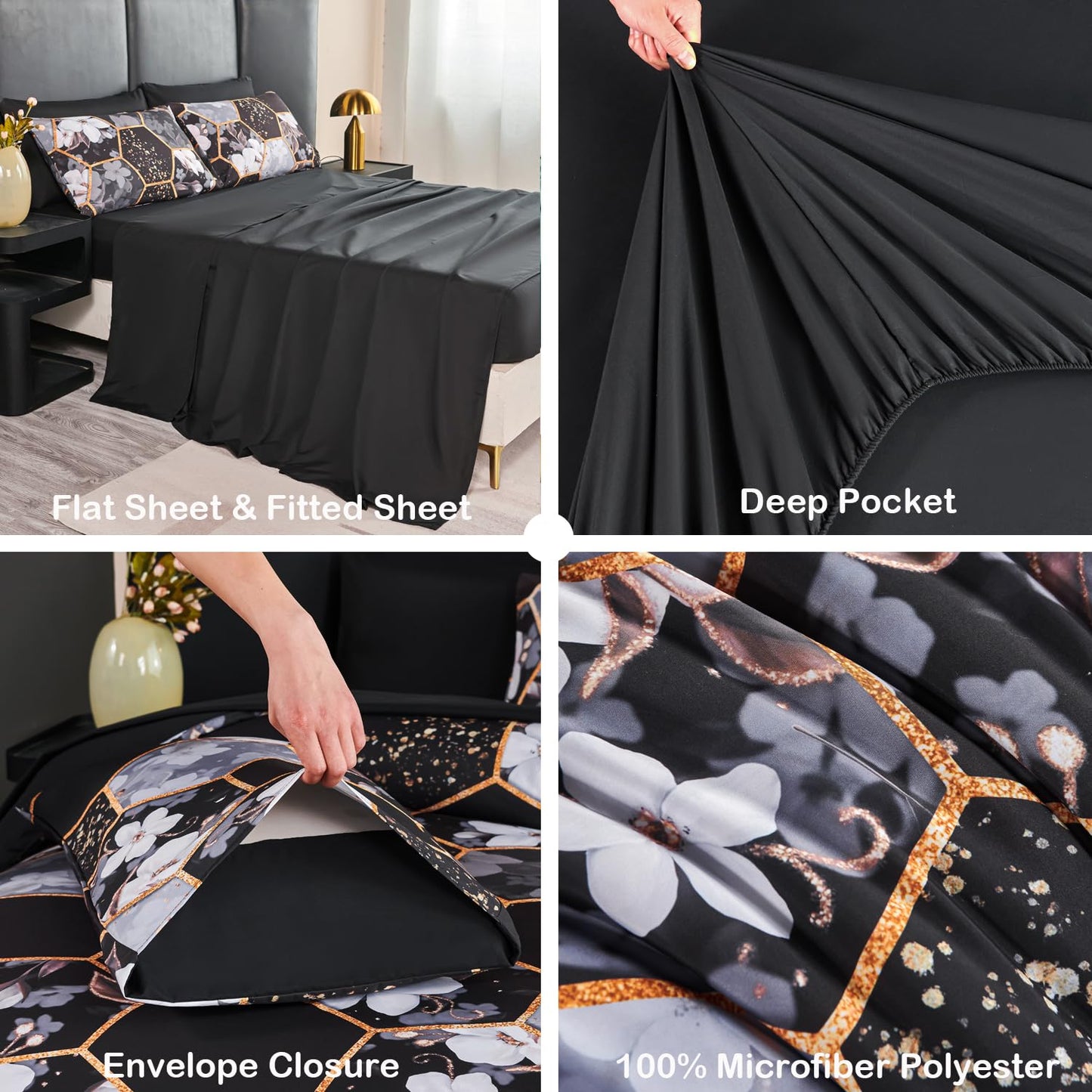 ANGIYUIN Black Gold Full Comforter Sets Floral Print Bedding Sets 7 Pieces Marble Bed in A Bag with Sheets White Flowers Bedding Comforter Sets for Women Men
