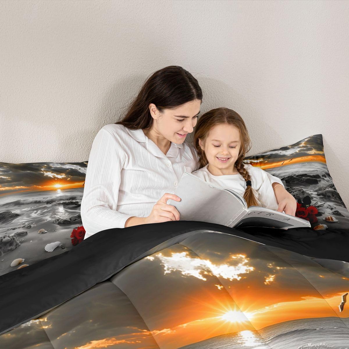 jejeloiu Black and White Gold Kids Comforter Set Toddler Size Rose Ocean Beach Zen Bedding Set Seascape Duvet Quilt for Kids Boys Girls Bedroom Decor Microfiber Ultra Soft Breathable