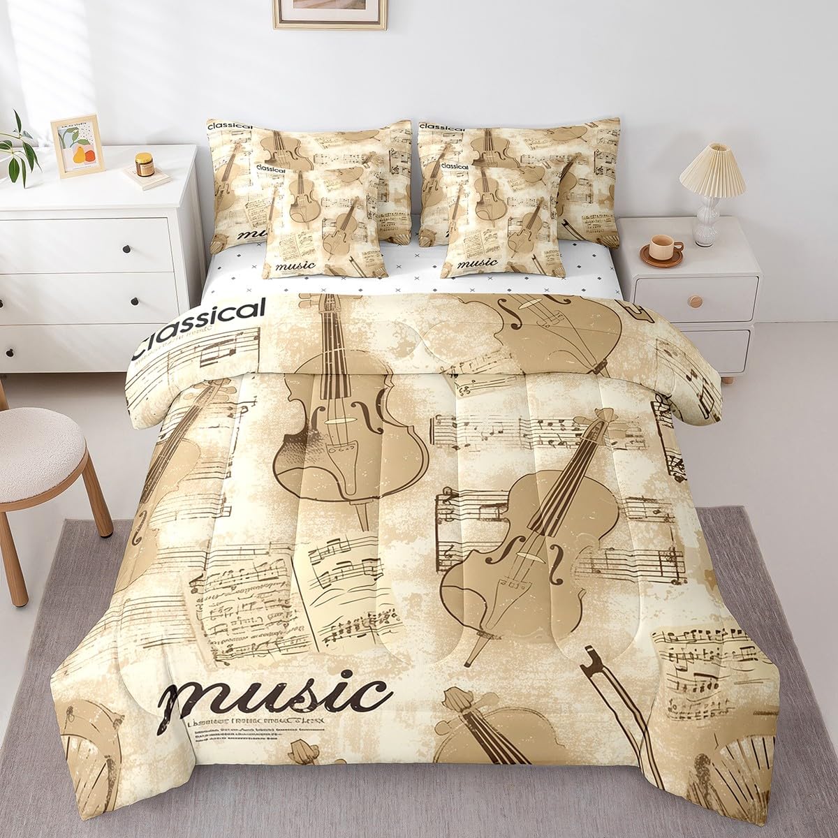 Erosebridal Vintage Violin Comforter Set 7 Piece Bed in a Bag Twin,Abstract Cello Bedding Sets Music Notes Comforter and Sheet Set,Violoncello Musical Instruments Bed Set