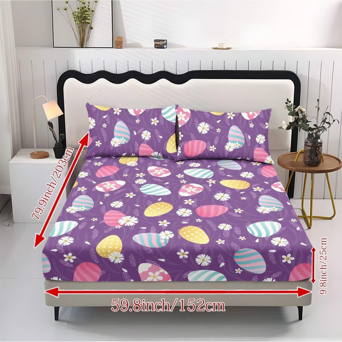 ZDCUSTOM Easter Egg Sheets Twin XL Size Wrinkle Free Bed Sheets Purple Bedding Sheets & Pillowcases 3 Piece Set Soft Deep Pocket Fitted Sheet & Pillow Case for Easter Decor, 39" x 79"