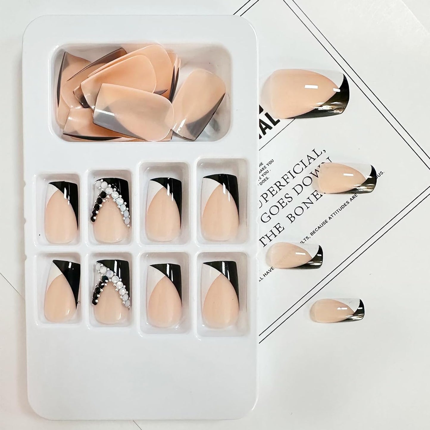 French Press on Nails Short Square Fake Nails Black White Medium False Nails with Designs Pearl Rhinestones Acrylic Nails Glossy Glue on Nails Nude Stick on Nails for Women Nails Art Manicure 24 Pcs