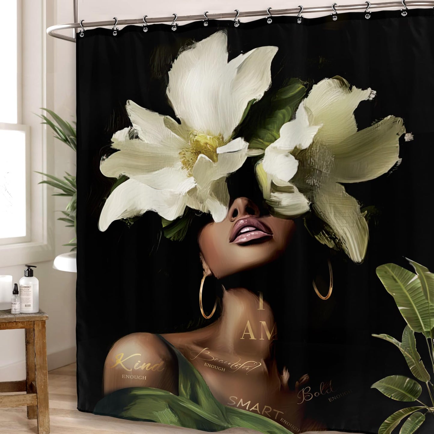 Yookeb African American Bathroom Shower Curtain 60W by 71H Inch Black Woman Girl Sexy Inspirational Motivational Positive Olive Green Polyester Fabric 12 Plastic Hooks Waterproof Decor
