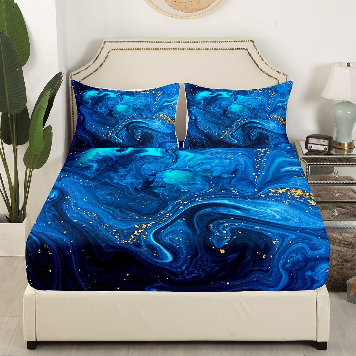 Erosebridal Blue Marble Fitted Sheet Twin, Ombre Blue Fluid Bed Sheets Trippy Liquid Sheet Set Gypsy Golden Sequins Printed Flat Sheet Tie Dye Gradient Soft Top Sheet & Fitted Sheet & 2 Pillowcases