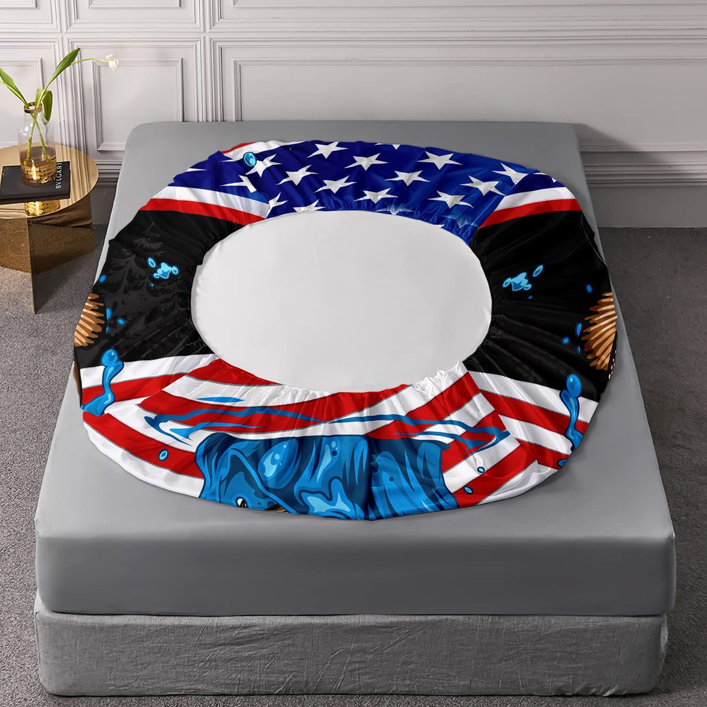 HOSIMA Big Pike Fishing Fitted Sheet Full,Bass Fish American Flag Pattern Hunting and Fishing Bed Set Full Size for Boys Room Decor, 1 Fitted Sheet + 2 Pillowcases.