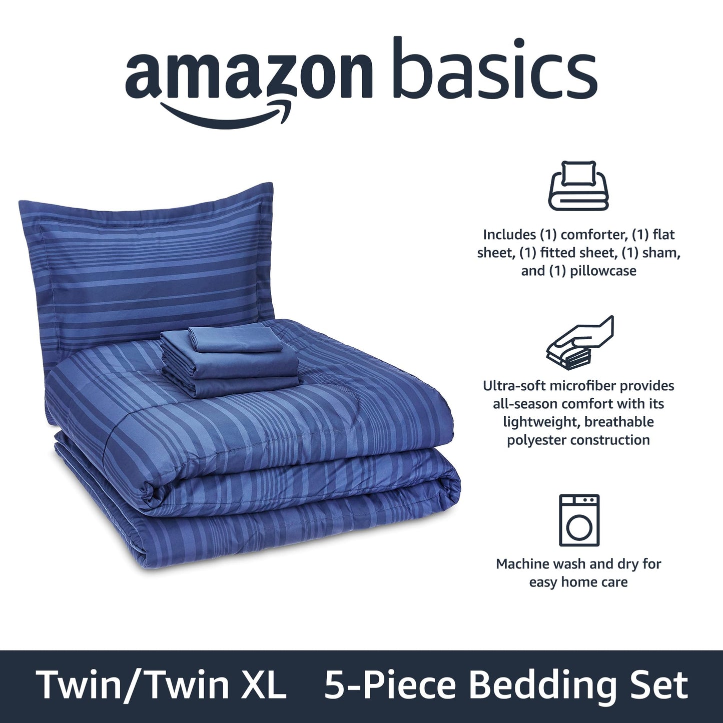 Amazon Basics Twin/Twin XL Comforter Set with Sheets, 5-Piece Blue Calvin Striped Bedding, Lightweight Microfiber Bed-in-a-Bag, Machine Washable