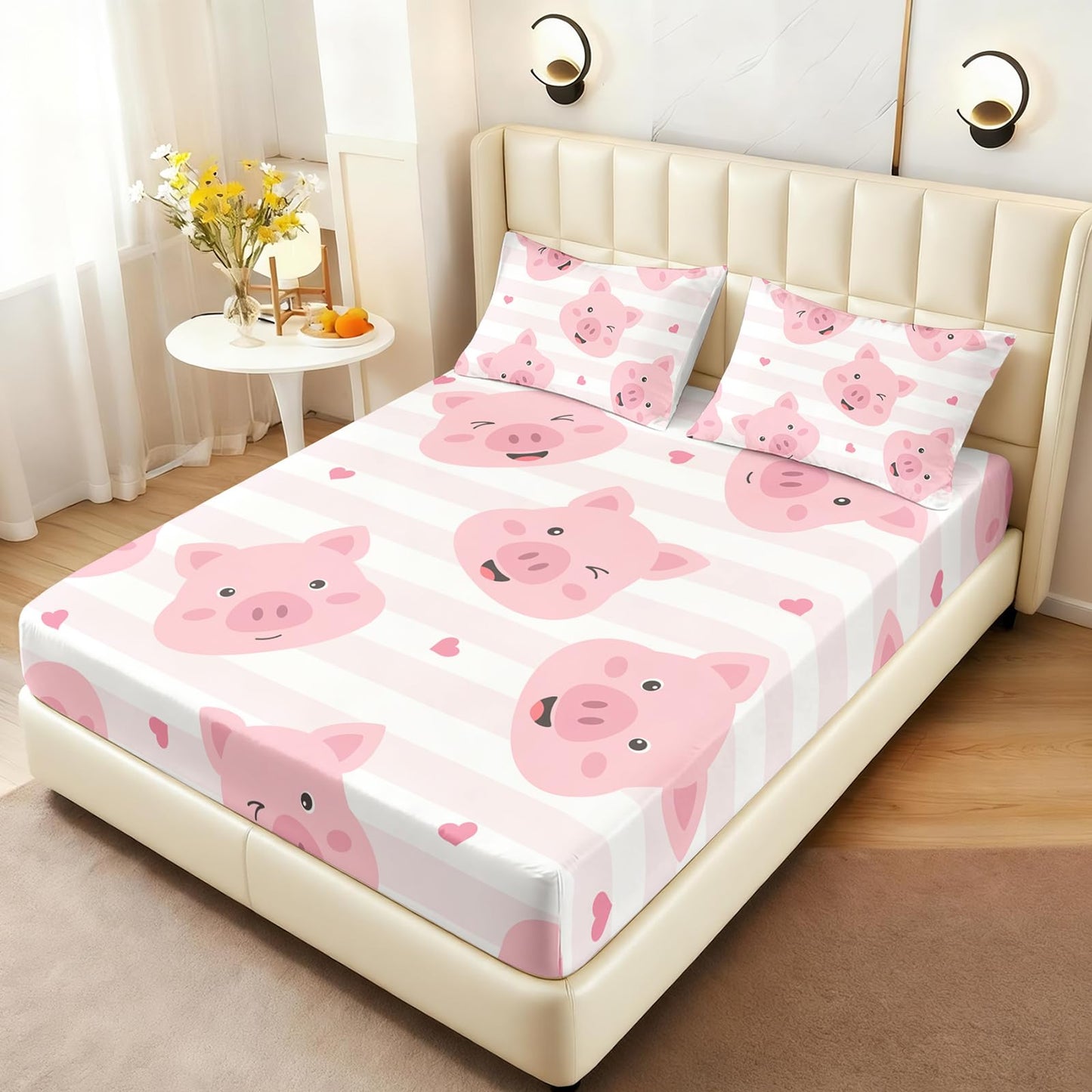 AILONEN Cute Pig Fitted Sheet Set Twin Size,3-Piece Kawaii Pig Bed Sheet Set for Kids Girls,Cartoon Pink White Stripes Print Fitted Sheet with 2 Pillowcases