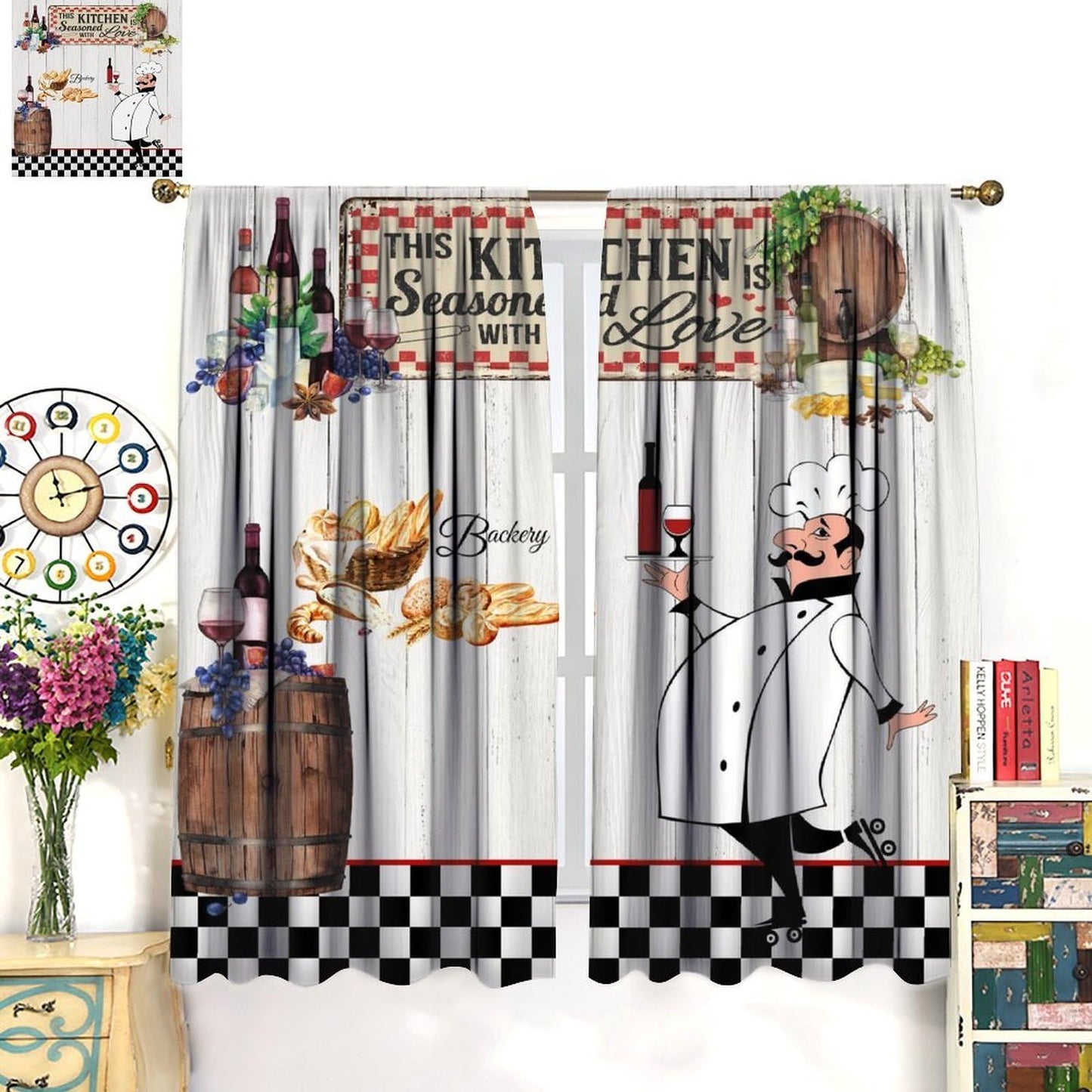 YSWOW Chef Kitchen Curtains, Funny Chef Cook Theme Rustic Farm Black Checkered Art Printed Window Drapes for Bedroom Living Room Decor Fabric Set 2 Panel 27.5x39 Inch 80% Shading Rate