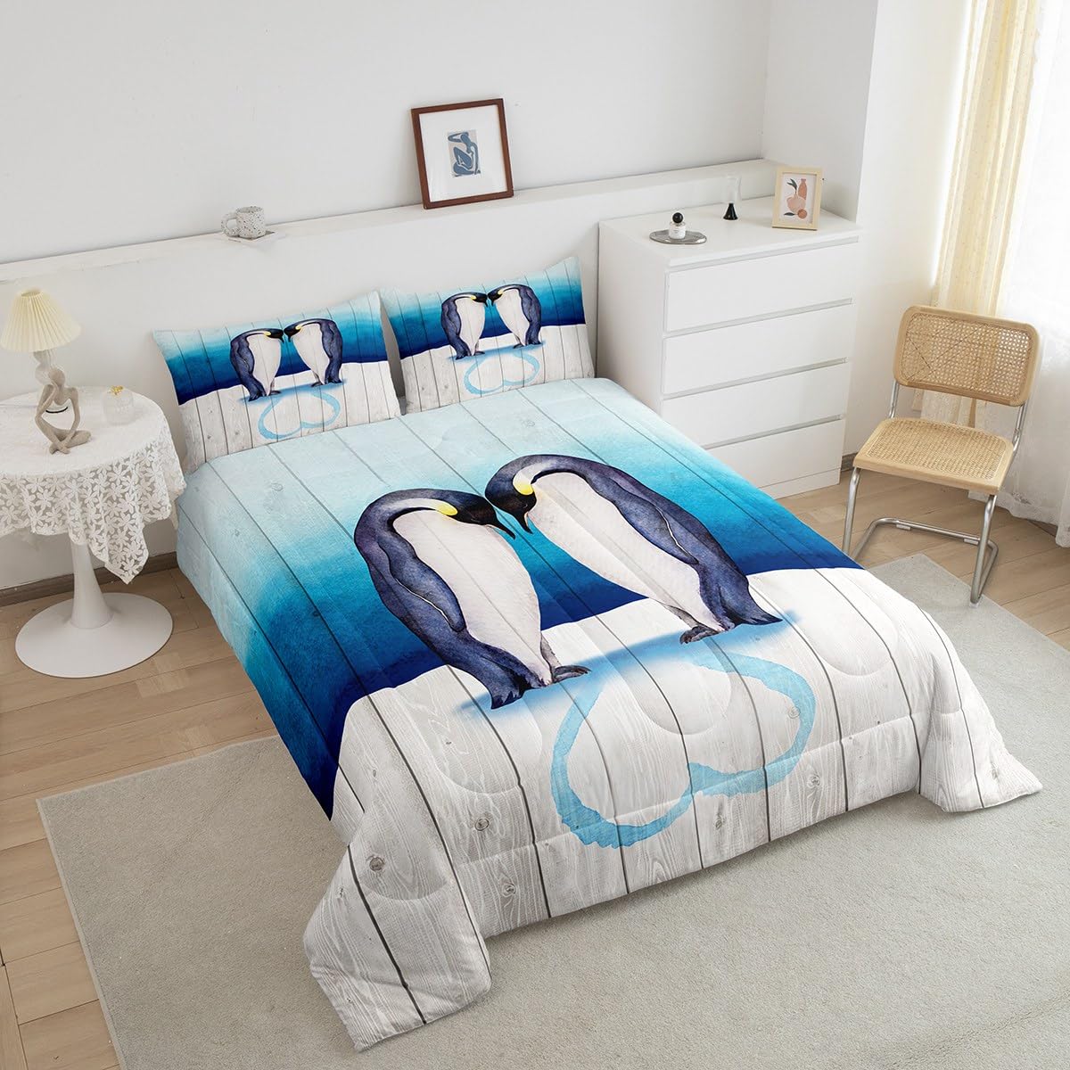 Homewish Couple Penguin Comforter Set,Antarctic Animals Bedding Set for Kids Girls Women,Adults Penguin Comforter,Blue and White Quilted Duvet Set Bedroom Collection Twin Size 2Pcs