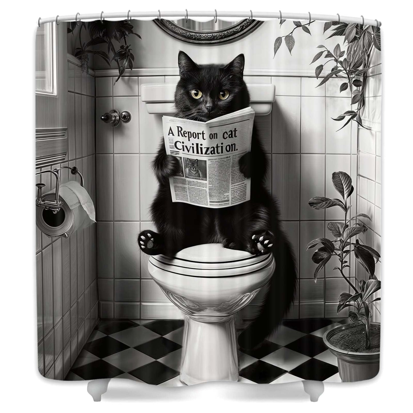 JAWO Funny Cat Shower Curtain, Humorous Black Cat Animal Sitting on Toilet Reading Newspaper Fun Shower Curtains Set, Black White Retro Waterproof Fabric Bathroom Decor Bath Curtain, 72x72 Inch