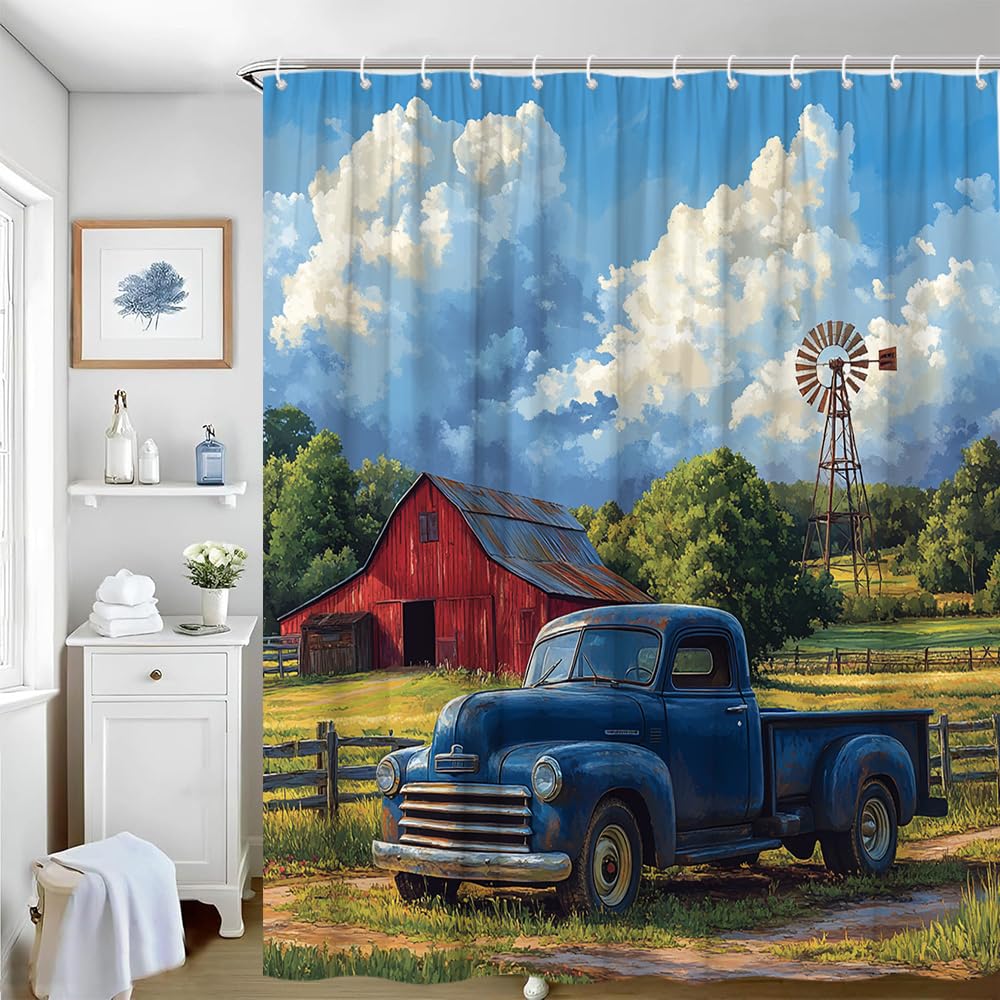 Farmhouse Blue Old Truck Shower Curtain Rustic Cabin Barn Windmill Country Meadow Car Lodge Western Bathroom Accessories Set Polyester with Hook 70Wx70H Inch