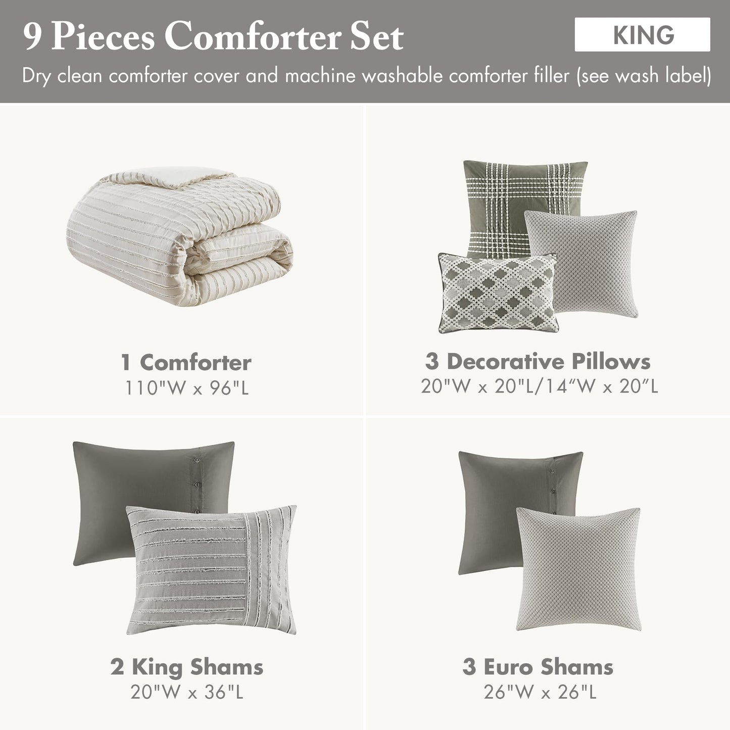Madison Park King Comforter Set, Removable 100% Cotton Duvet Cover King Size with Insert, Farmhouse Bedding, Textured Stripe Clipped Jacquard Accent, King, Grey 9 Piece