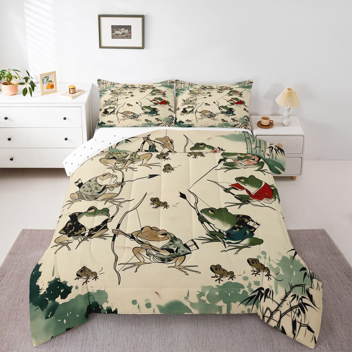 jejeloiu Funny Frog Bedding Set Soft for Boys Girls, Japanese Comforter Set Queen Size Asian Style Duvet Quilt Microfiber Animal Print Bedroom Decor 3 Pcs with 2 Pillow Cases