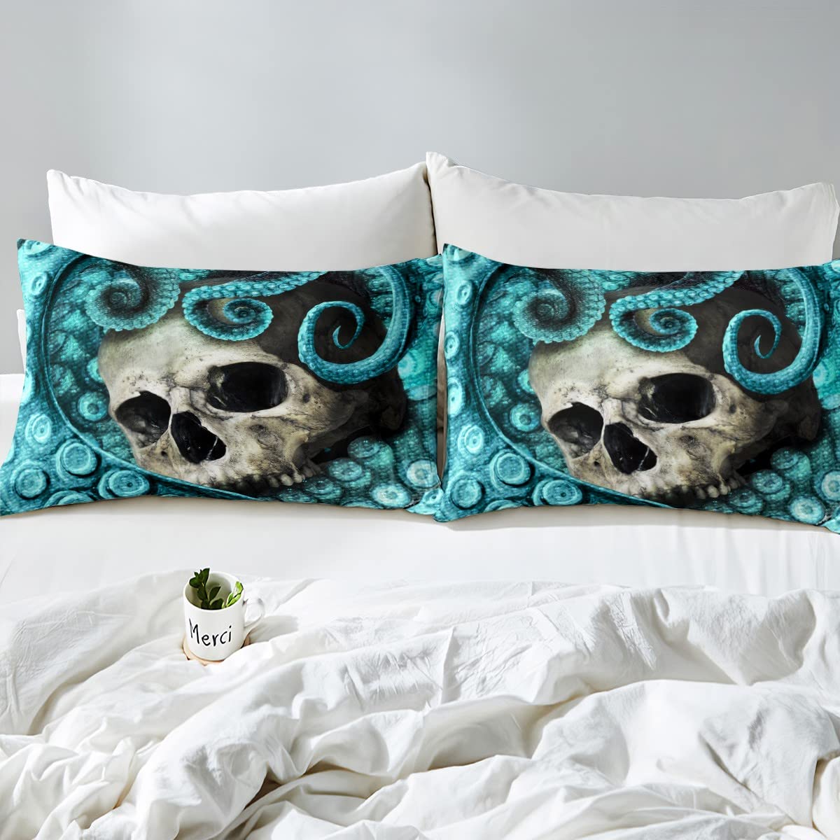Feelyou Octopus Duvet Cover Set King Size Skull Bedding Set 3D Print Blue Decorative Luxury Horror Microfiber Polyester Comforter Cover with 2 Pillow Shams, Zipper, Marine Life, 3 Pieces